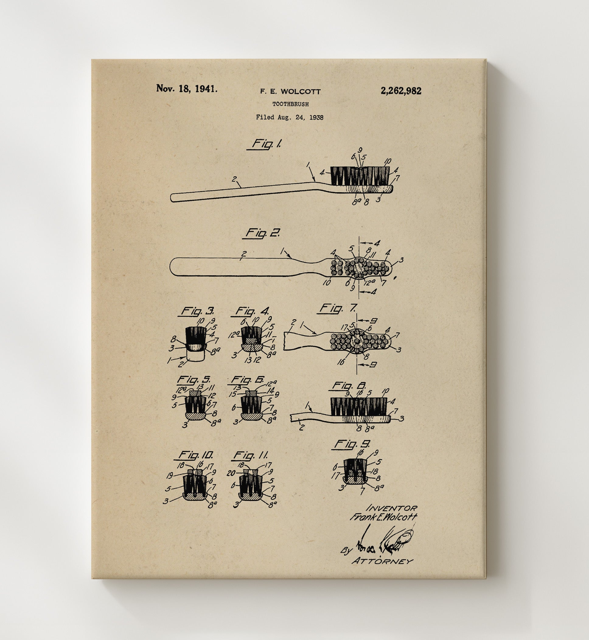 Patent Print - Toothbrush - F. E. Wolcott - 1941 - Patent 2262982 Patent Wall Art