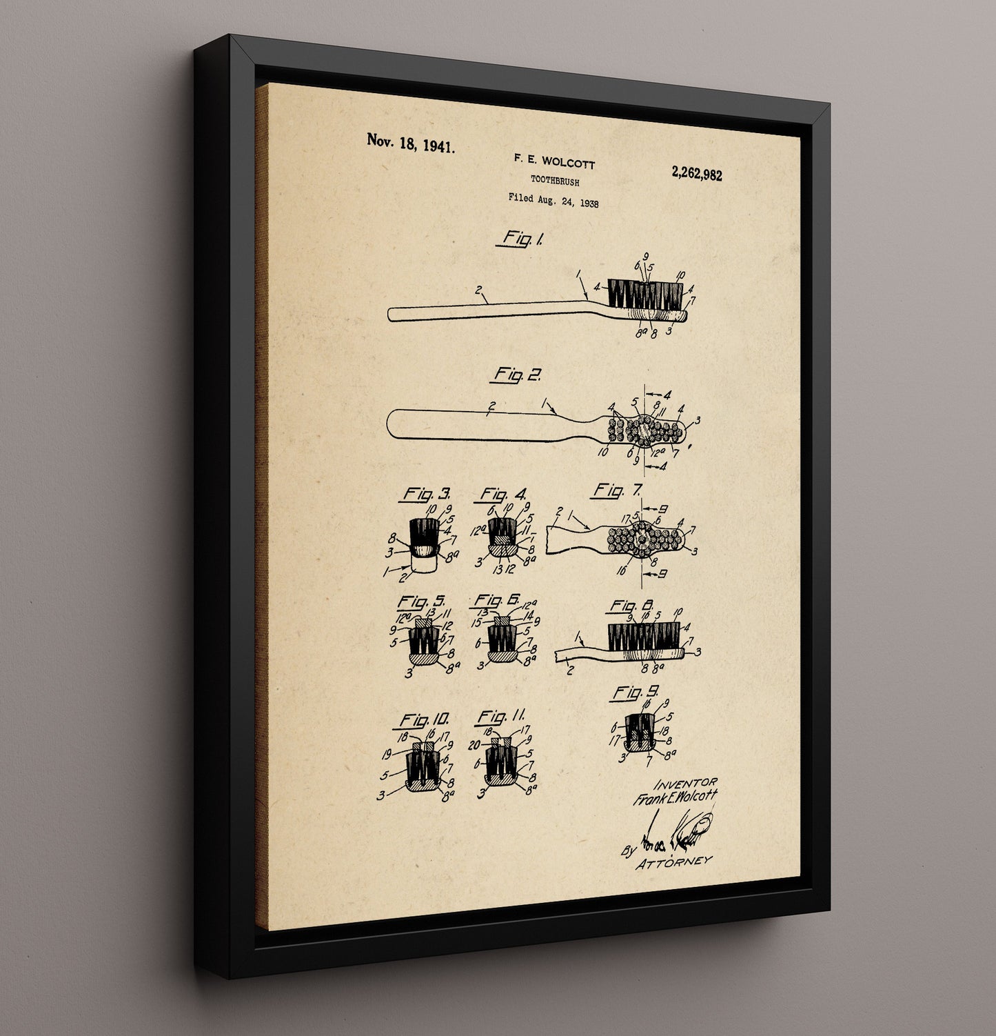 Patent Print - Toothbrush - F. E. Wolcott - 1941 - Patent 2262982 Patent Wall Art