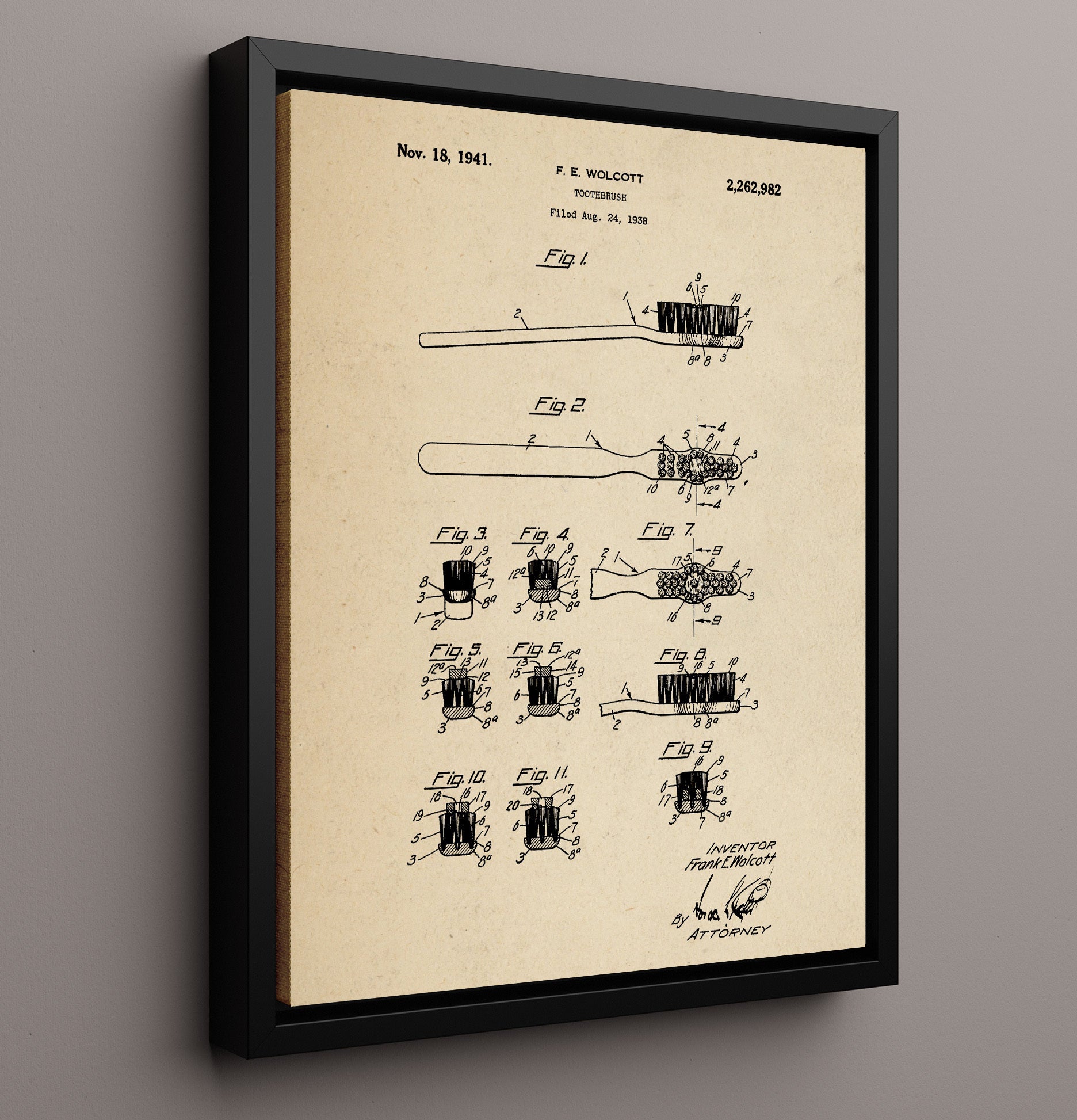Patent Print - Toothbrush - F. E. Wolcott - 1941 - Patent 2262982 Patent Wall Art
