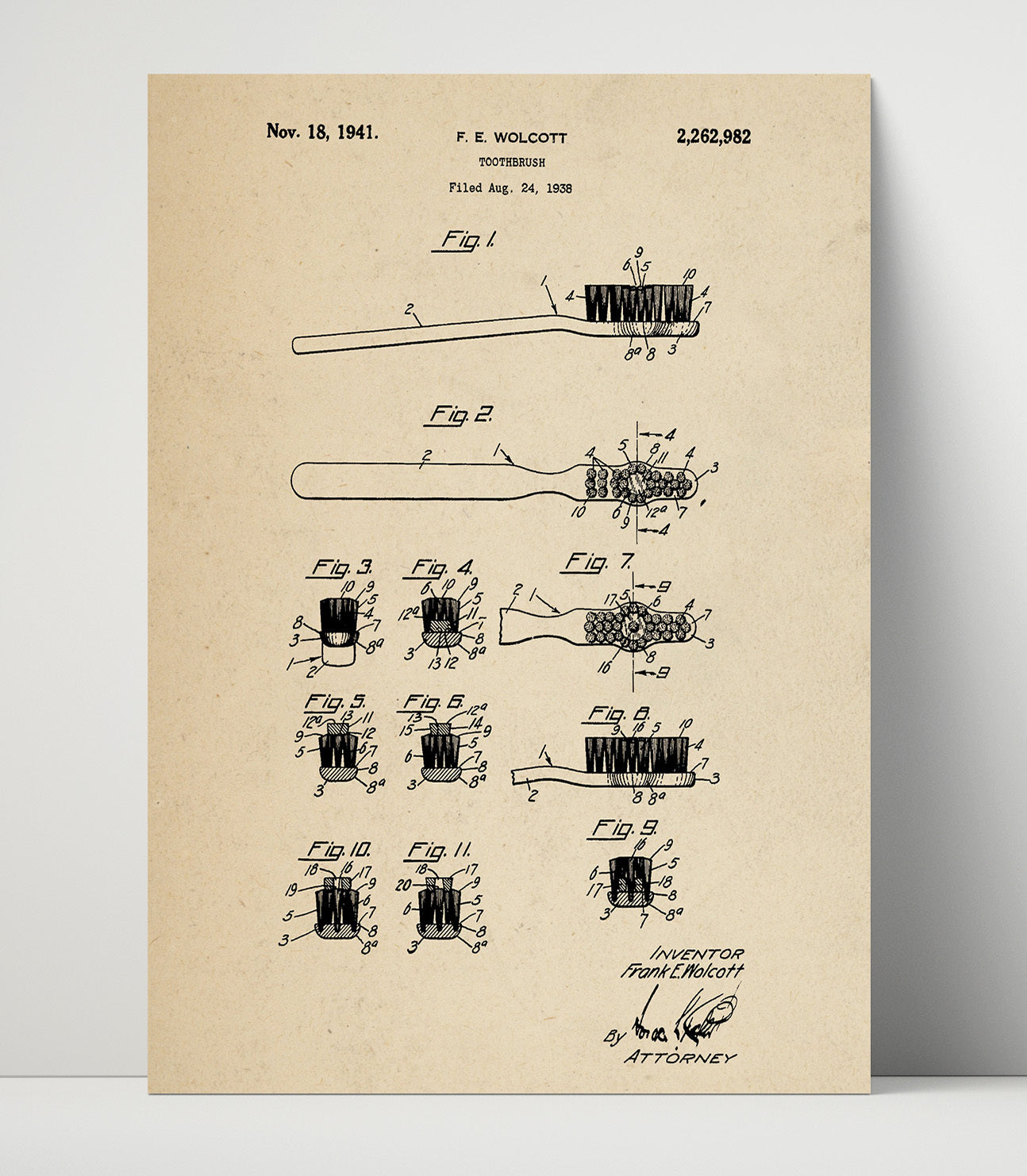 Patent Print - Toothbrush - F. E. Wolcott - 1941 - Patent 2262982 Patent Wall Art