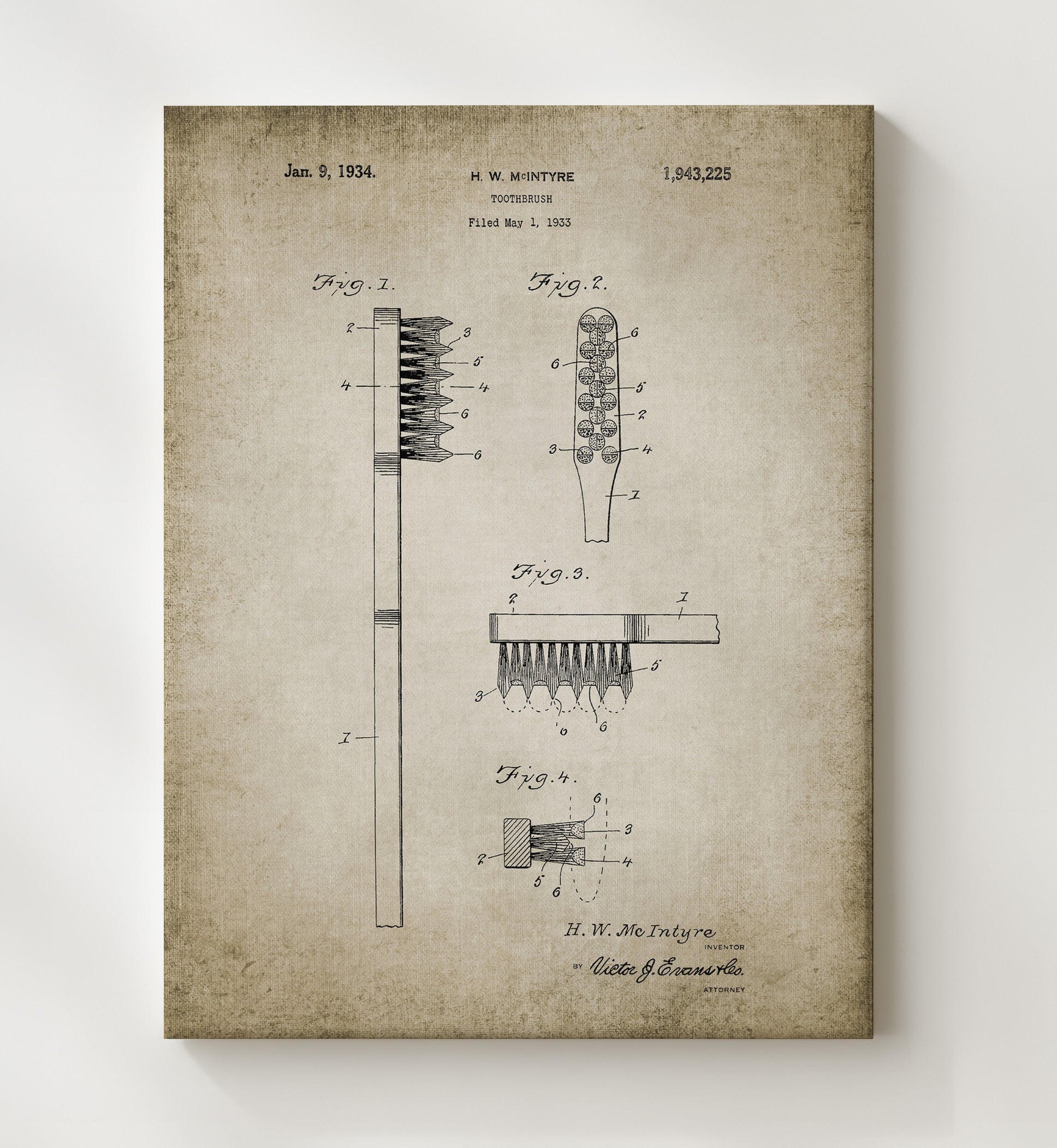 Patent Print - Toothbrush - Patent 1934 Patent Wall Art