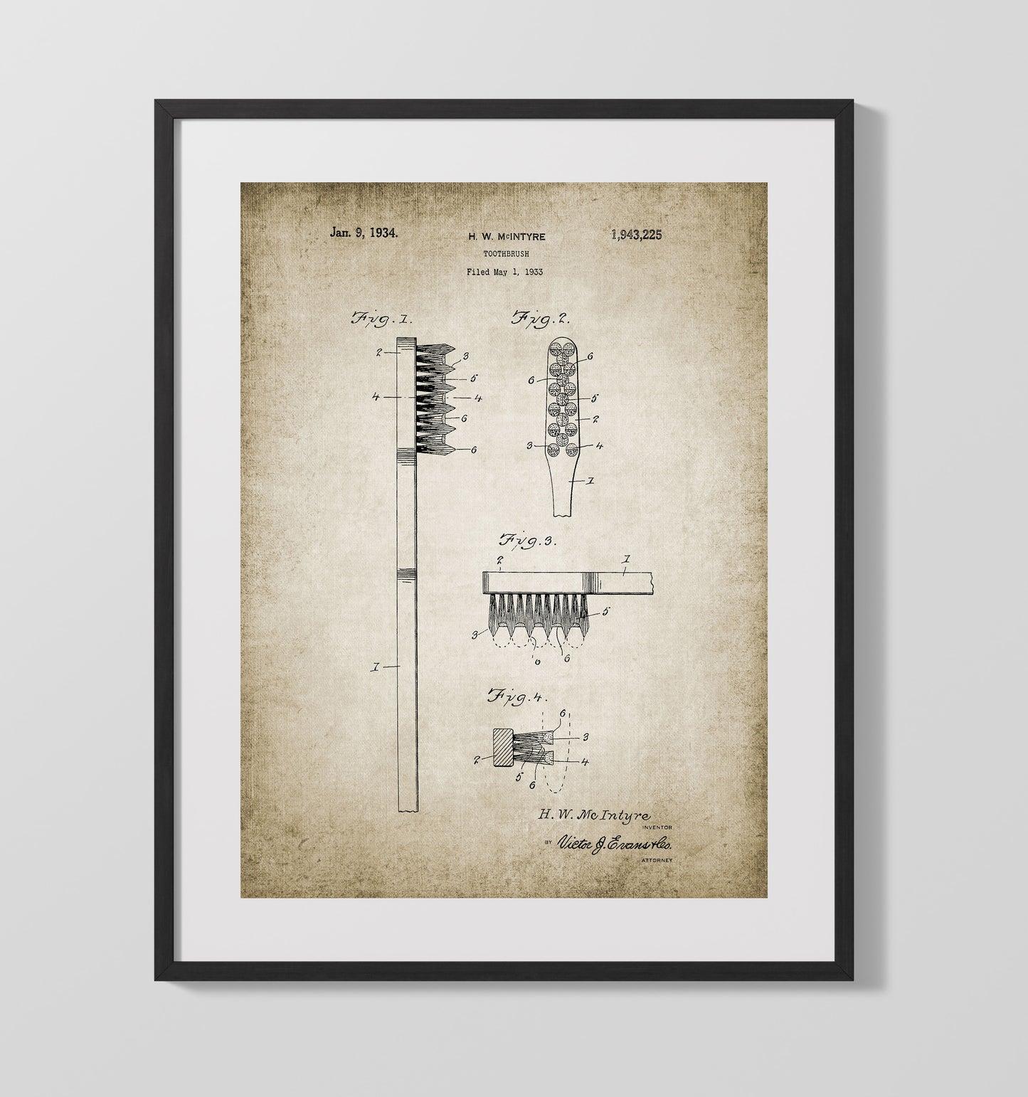 Patent Print - Toothbrush - Patent 1934 Patent Wall Art
