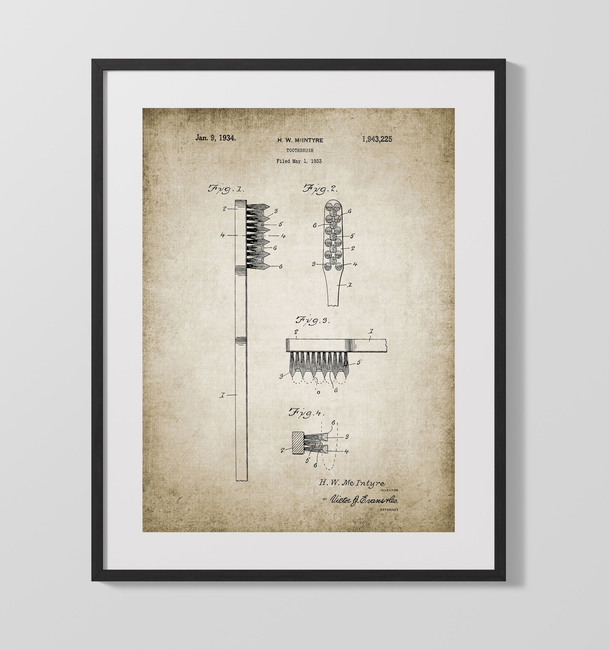 Patent Print - Toothbrush - Patent 1934 Patent Wall Art