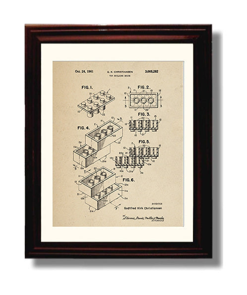 Patent Print - Toy Building Brick - Godtfred Kirk Christiansen - 1961 - Patent 3005282 Patent Wall Art