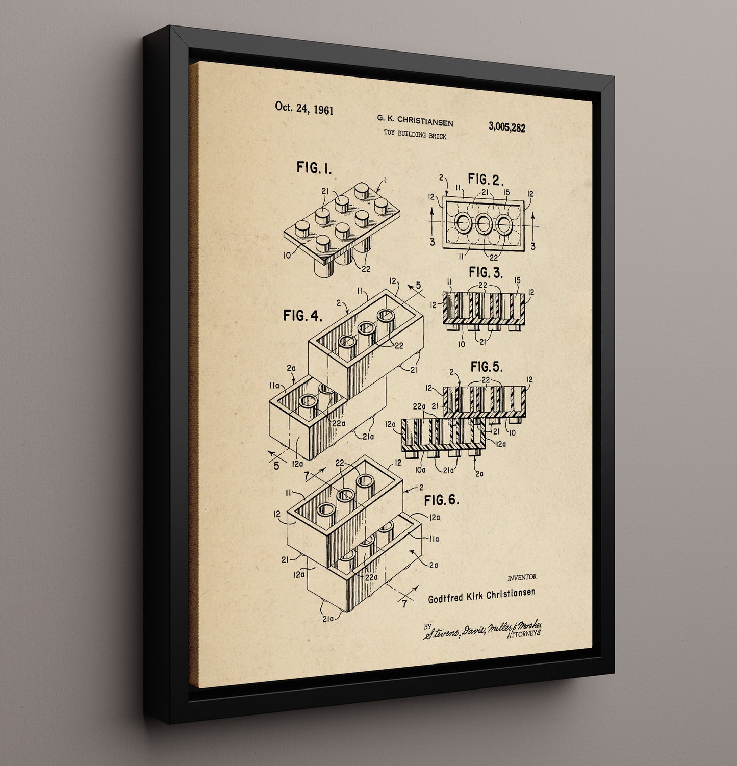 Patent Print - Toy Building Brick - Godtfred Kirk Christiansen - 1961 - Patent 3005282 Patent Wall Art