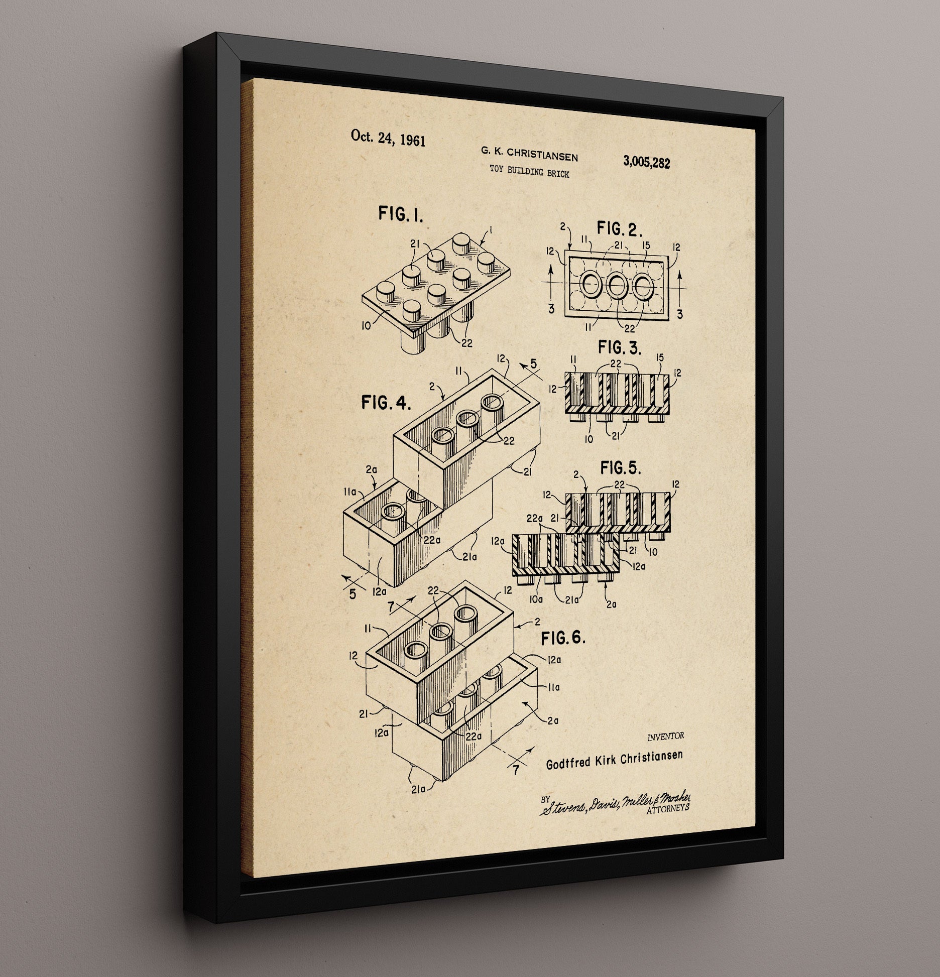 Patent Print - Toy Building Brick - Godtfred Kirk Christiansen - 1961 - Patent 3005282 Patent Wall Art