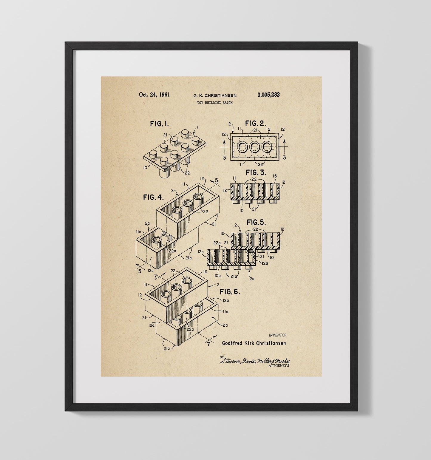 Patent Print - Toy Building Brick - Godtfred Kirk Christiansen - 1961 - Patent 3005282 Patent Wall Art