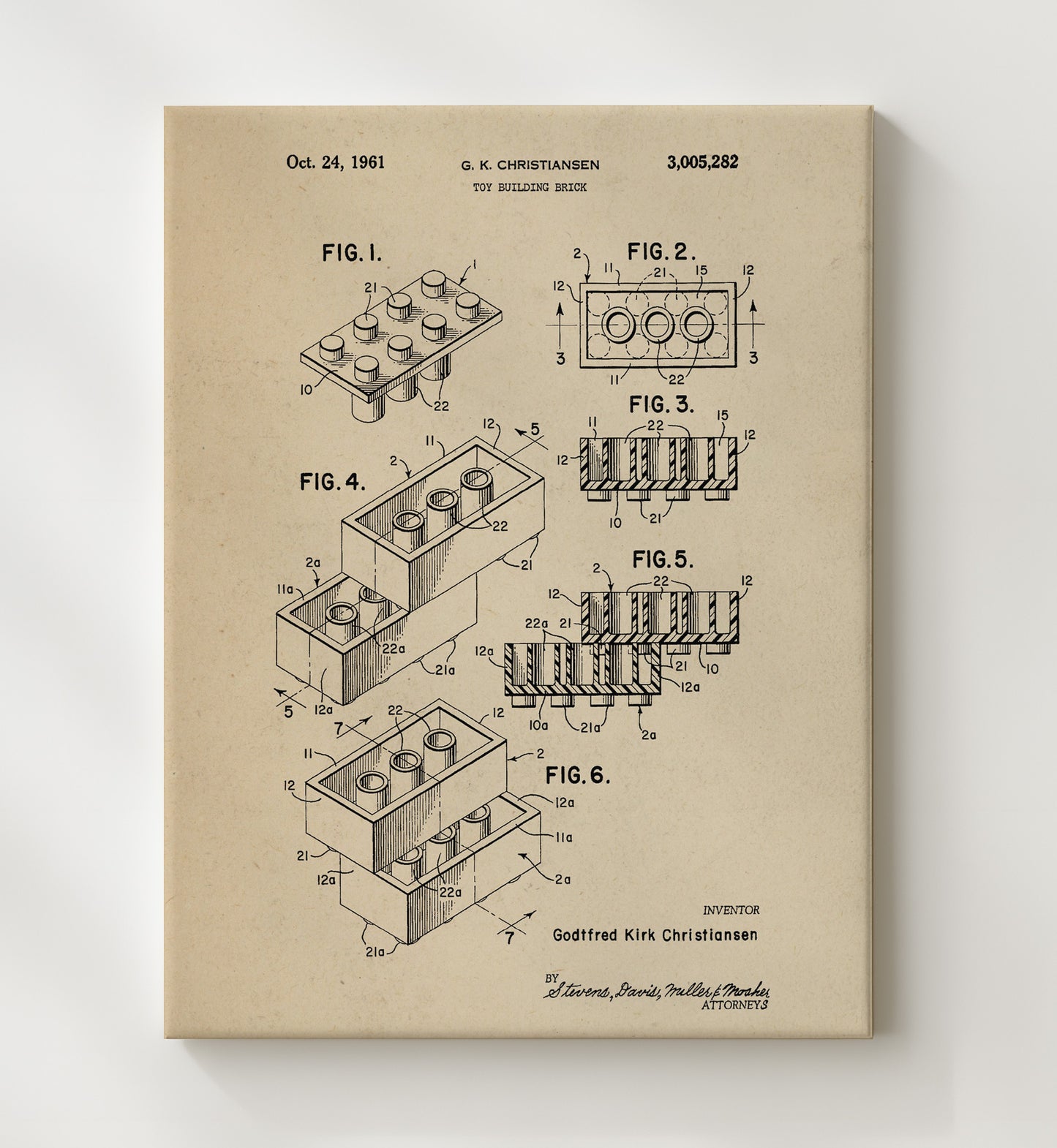 Patent Print - Toy Building Brick - Godtfred Kirk Christiansen - 1961 - Patent 3005282 Patent Wall Art