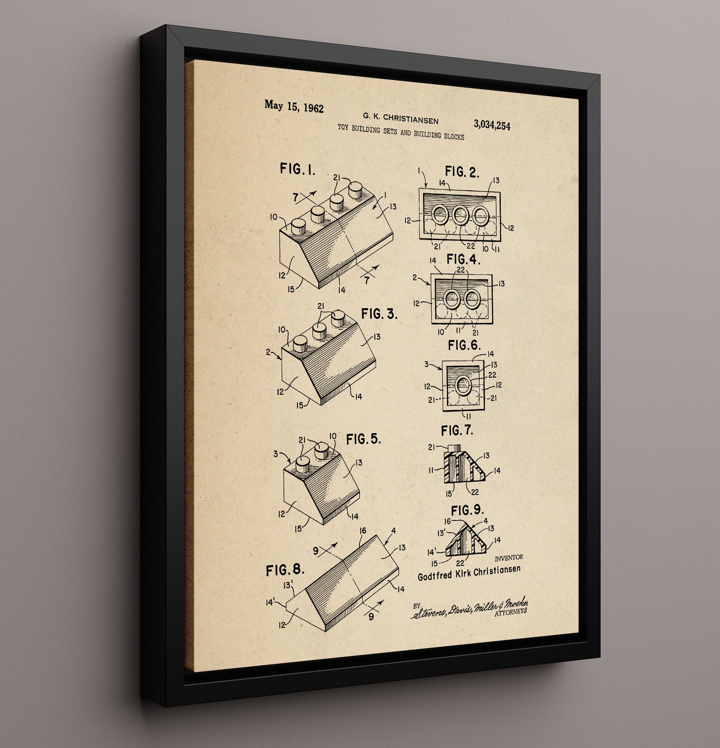 Patent Print - Toy Building Sets And Blocks - Godtfred Kirk Christiansen - 1962 - Patent 3034254 Patent Wall Art