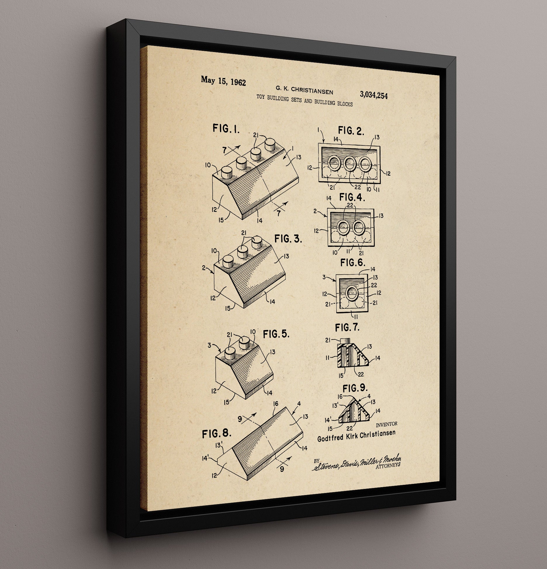 Patent Print - Toy Building Sets And Blocks - Godtfred Kirk Christiansen - 1962 - Patent 3034254 Patent Wall Art