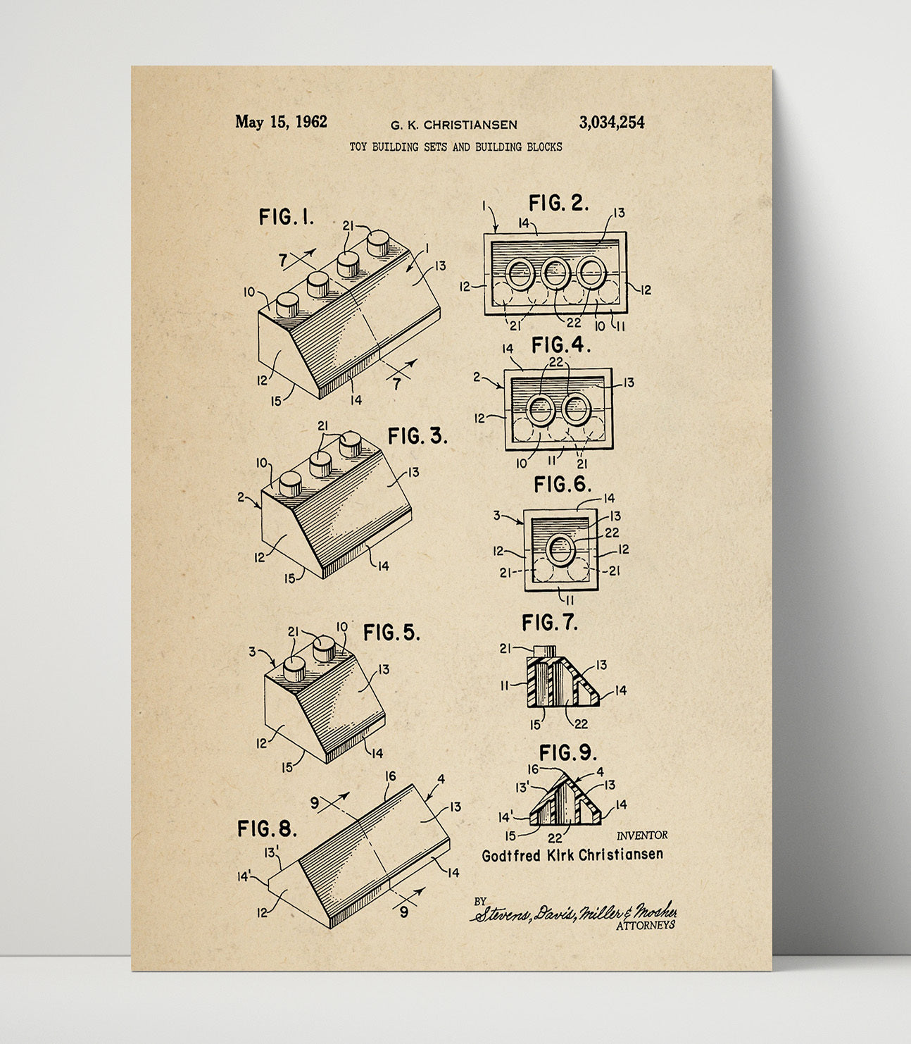 Patent Print - Toy Building Sets And Blocks - Godtfred Kirk Christiansen - 1962 - Patent 3034254 Patent Wall Art