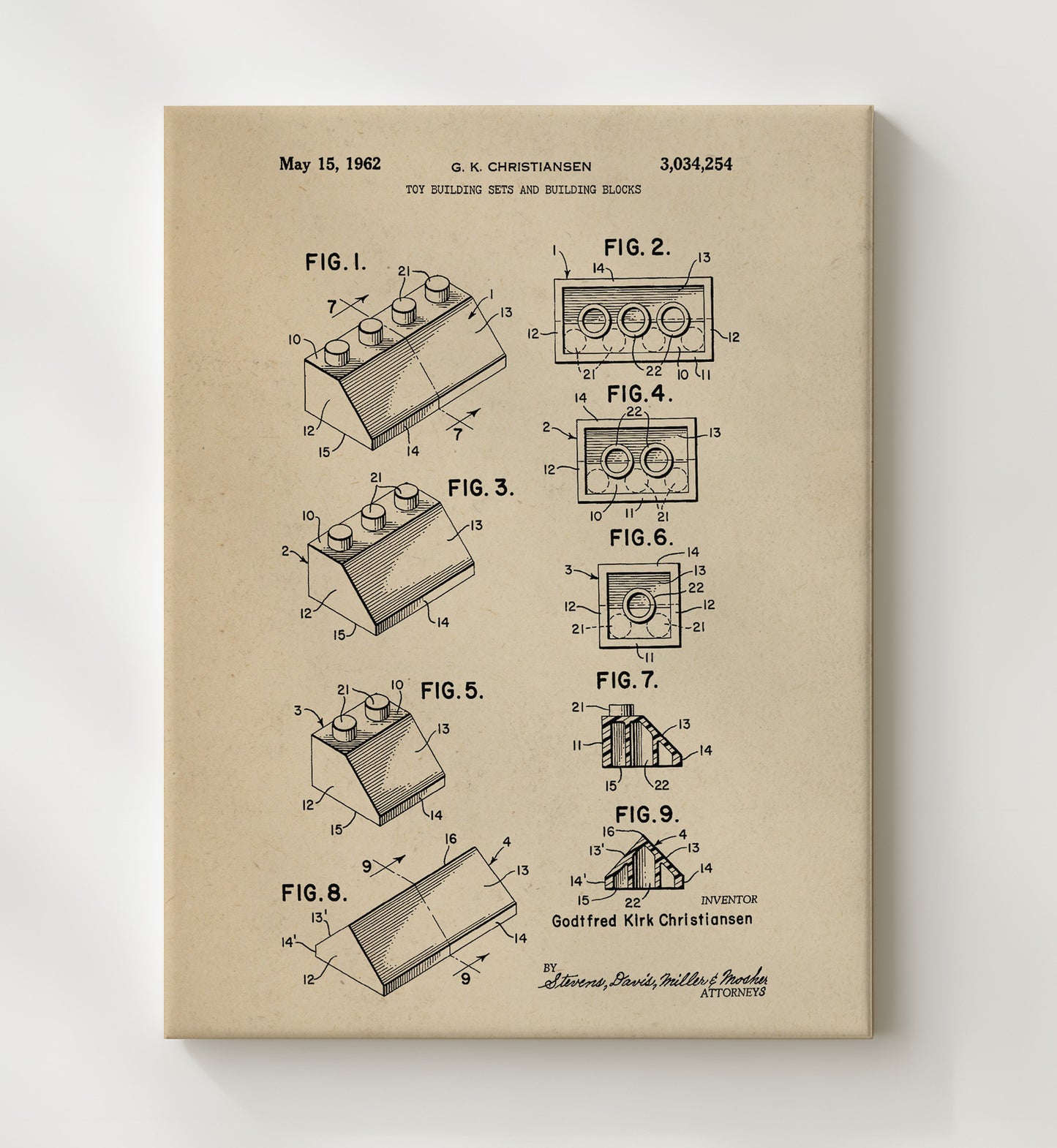 Patent Print - Toy Building Sets And Blocks - Godtfred Kirk Christiansen - 1962 - Patent 3034254 Patent Wall Art
