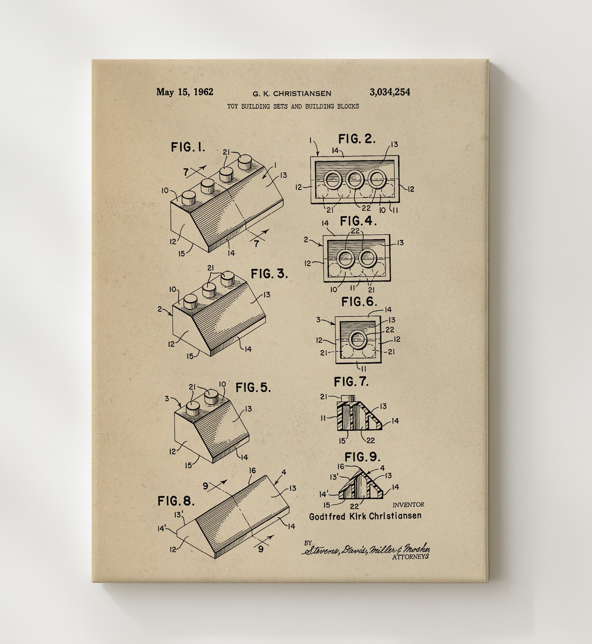 Patent Print - Toy Building Sets And Blocks - Godtfred Kirk Christiansen - 1962 - Patent 3034254 Patent Wall Art