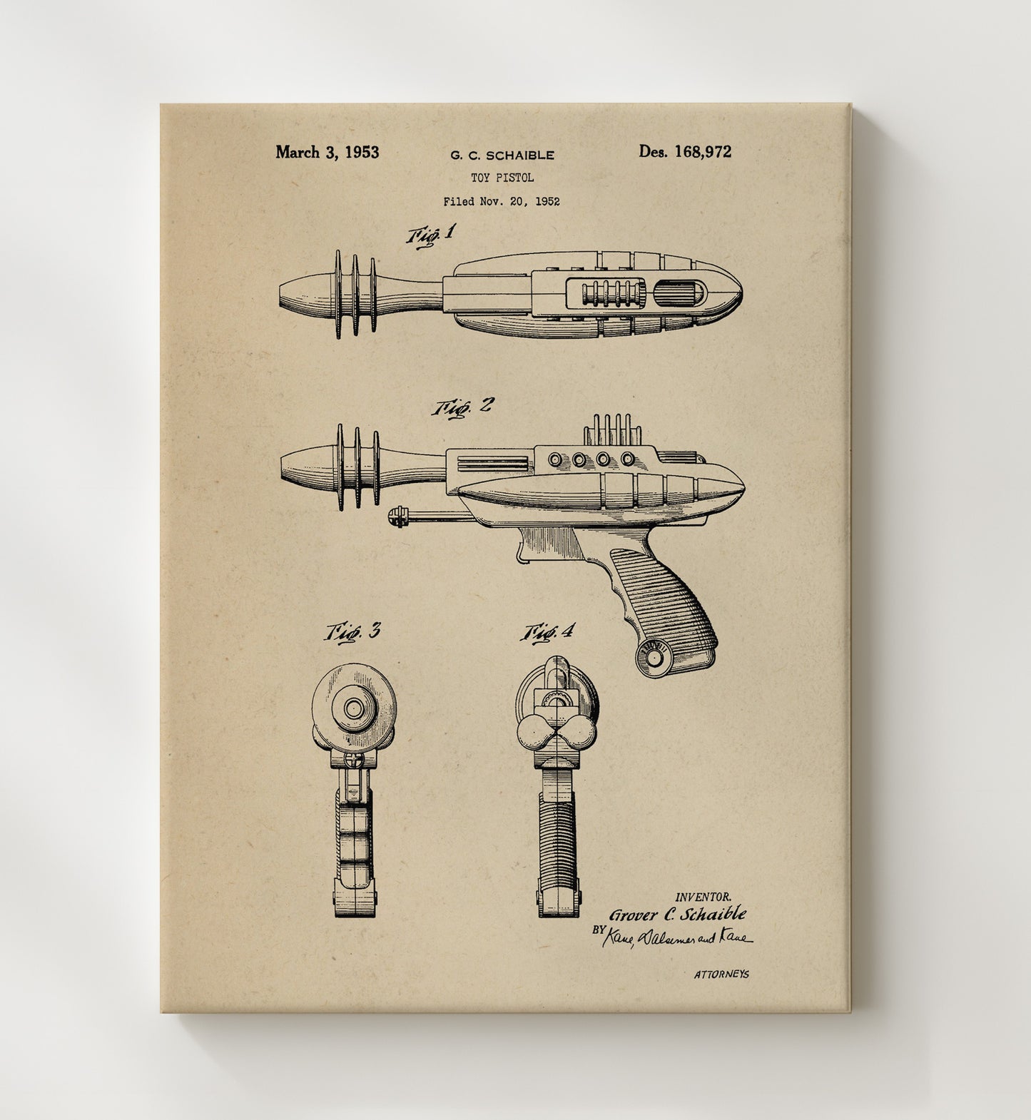 Patent Print - Toy Ray Gun Pistol - Grover C Schaible - 1953 - Patent D168972 Patent Wall Art