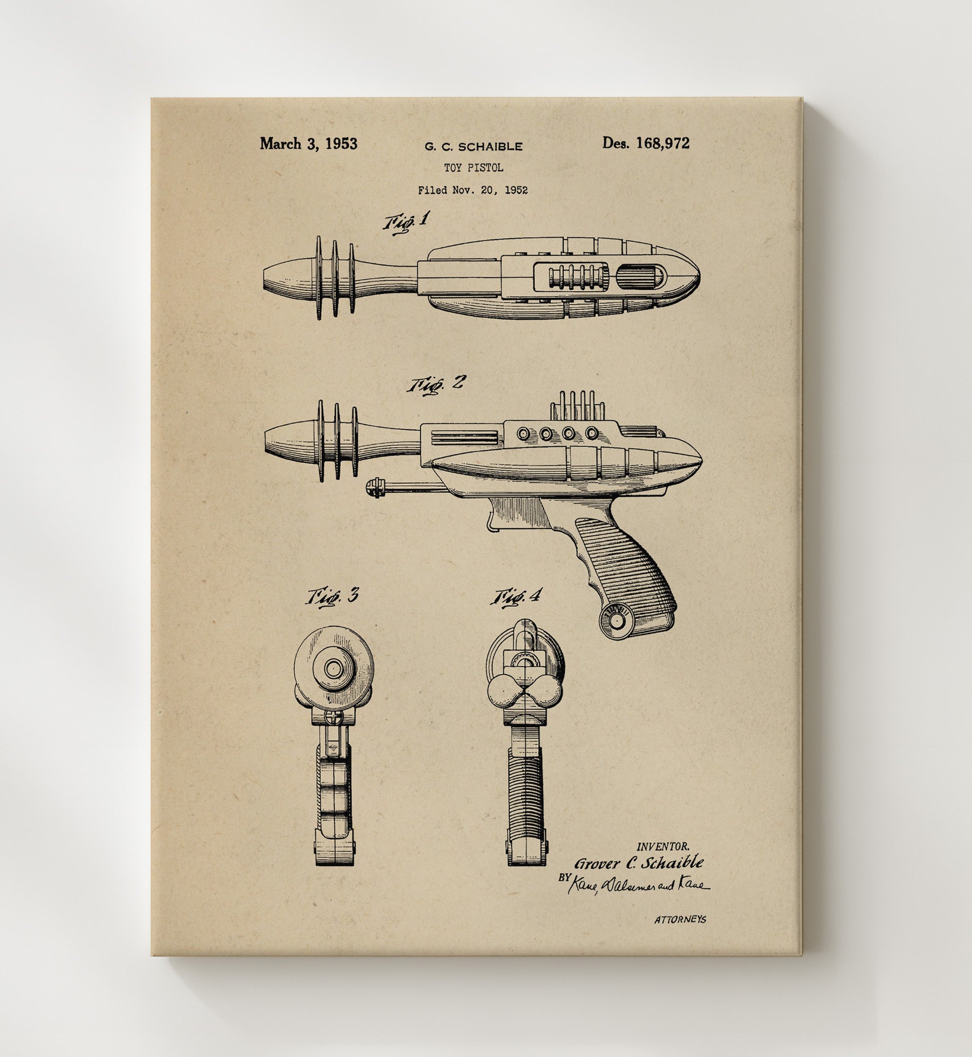 Patent Print - Toy Ray Gun Pistol - Grover C Schaible - 1953 - Patent D168972 Patent Wall Art