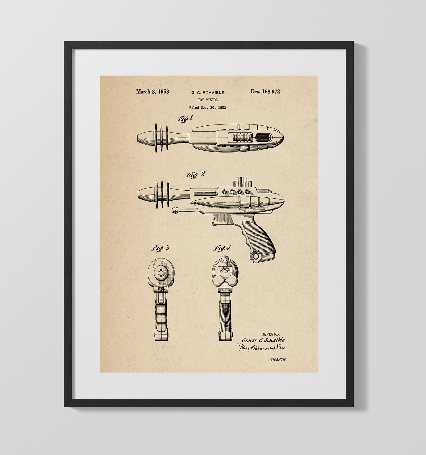 Patent Print - Toy Ray Gun Pistol - Grover C Schaible - 1953 - Patent D168972 Patent Wall Art