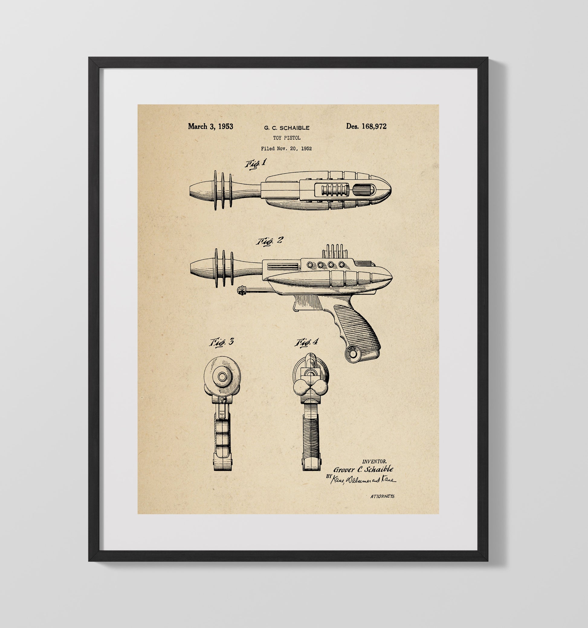 Patent Print - Toy Ray Gun Pistol - Grover C Schaible - 1953 - Patent D168972 Patent Wall Art