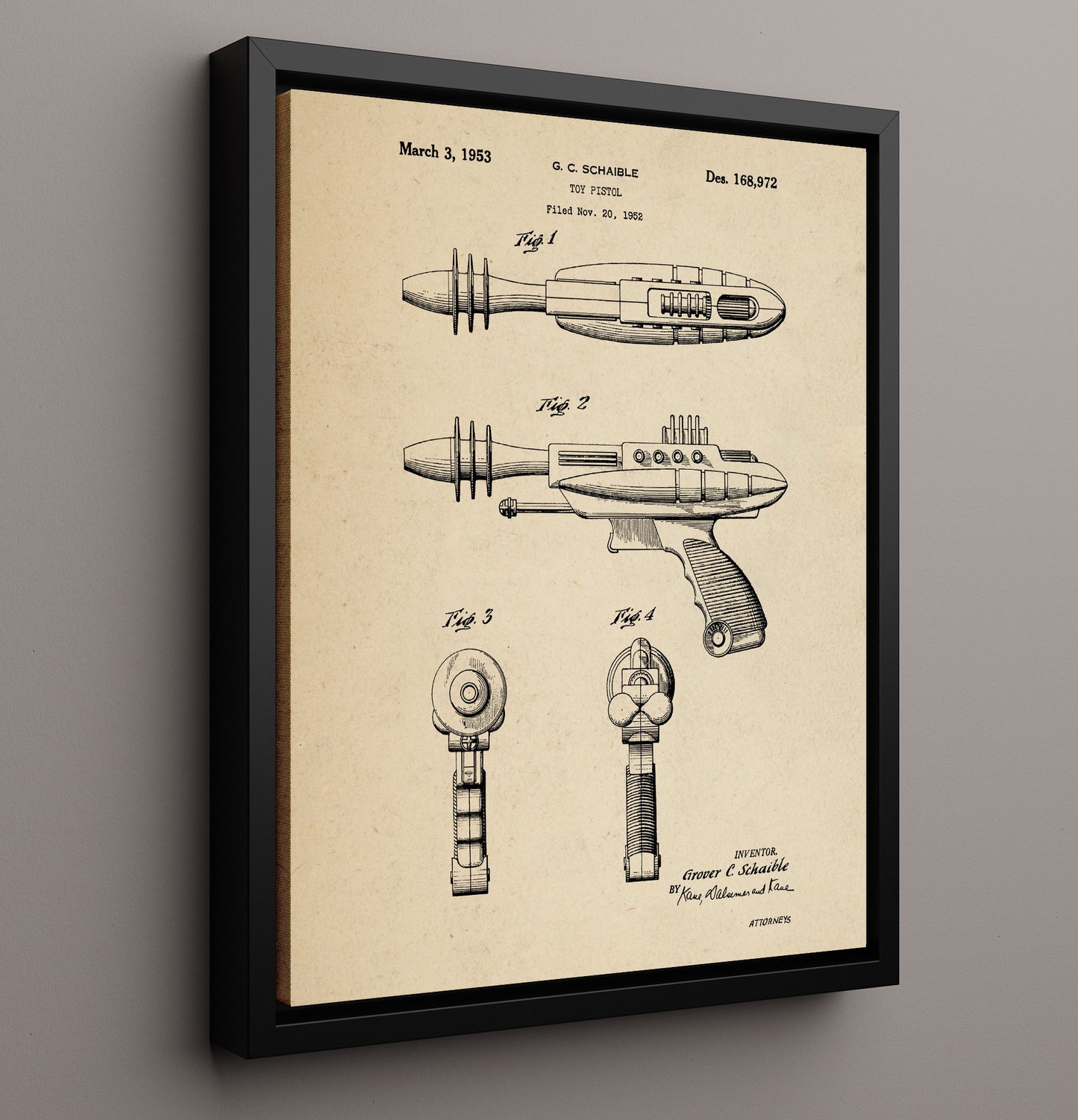 Patent Print - Toy Ray Gun Pistol - Grover C Schaible - 1953 - Patent D168972 Patent Wall Art