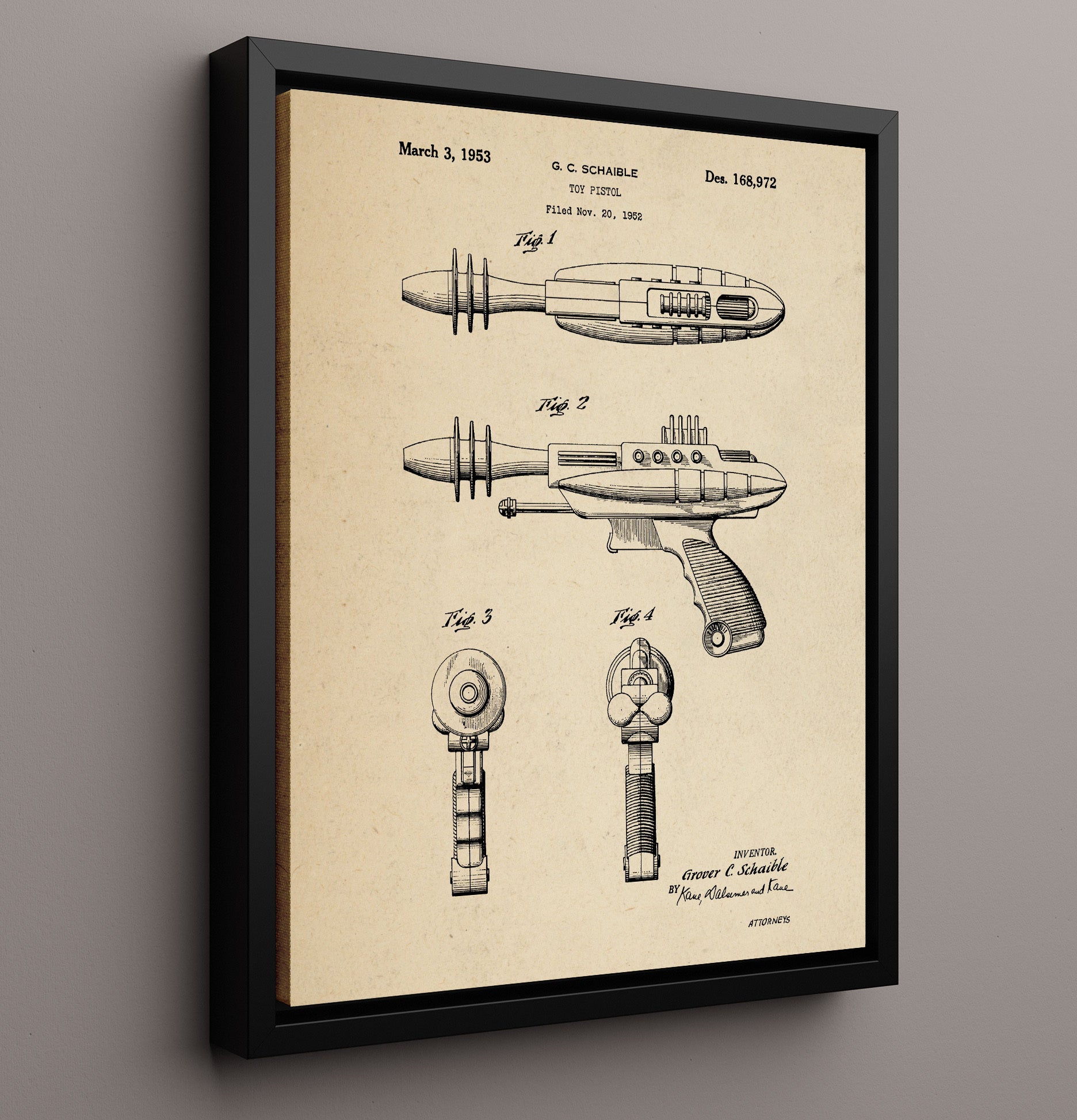Patent Print - Toy Ray Gun Pistol - Grover C Schaible - 1953 - Patent D168972 Patent Wall Art