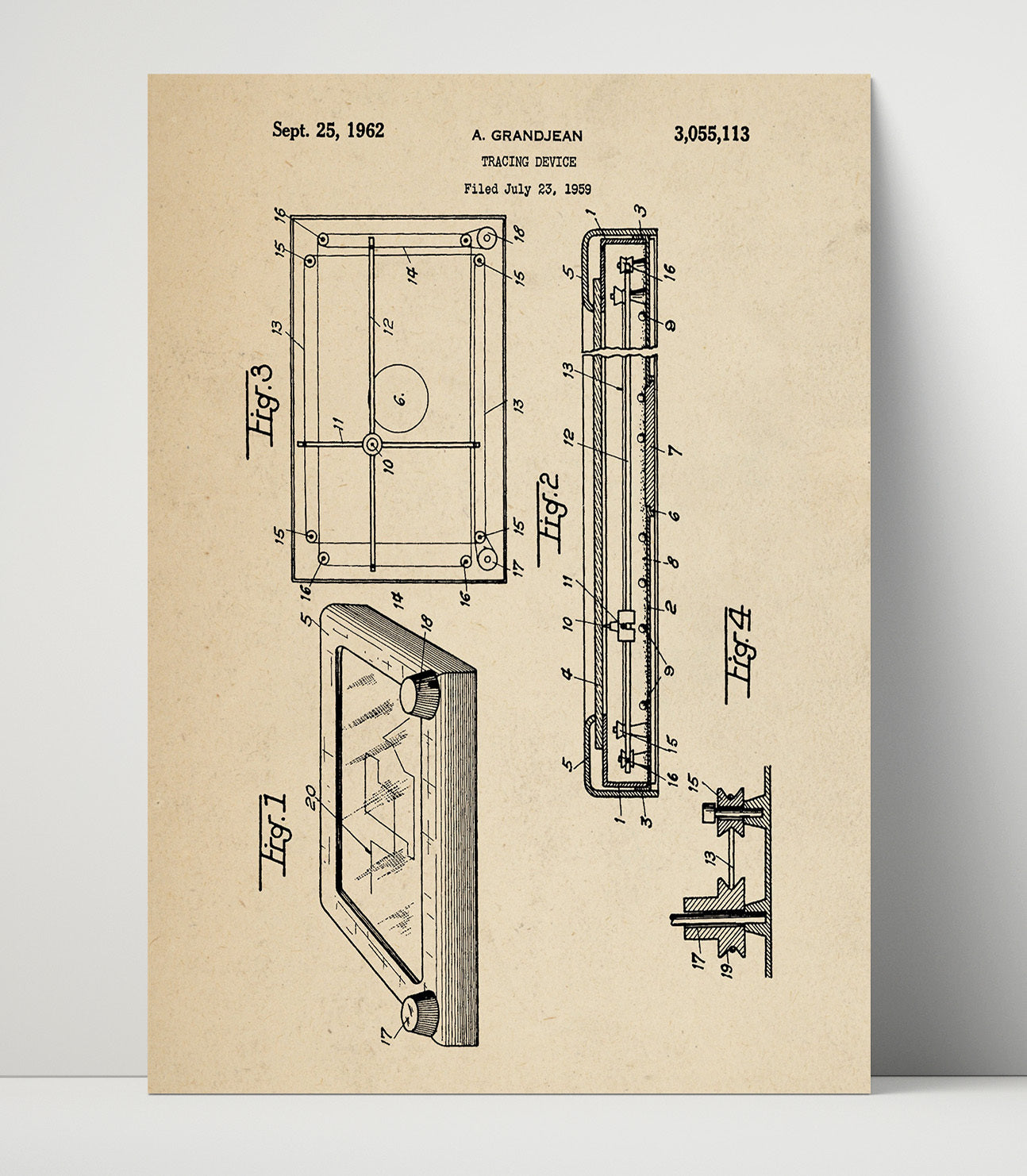 Patent Print - Tracing Device - A Grandjean - 1962 - Patent 3055113 Patent Wall Art