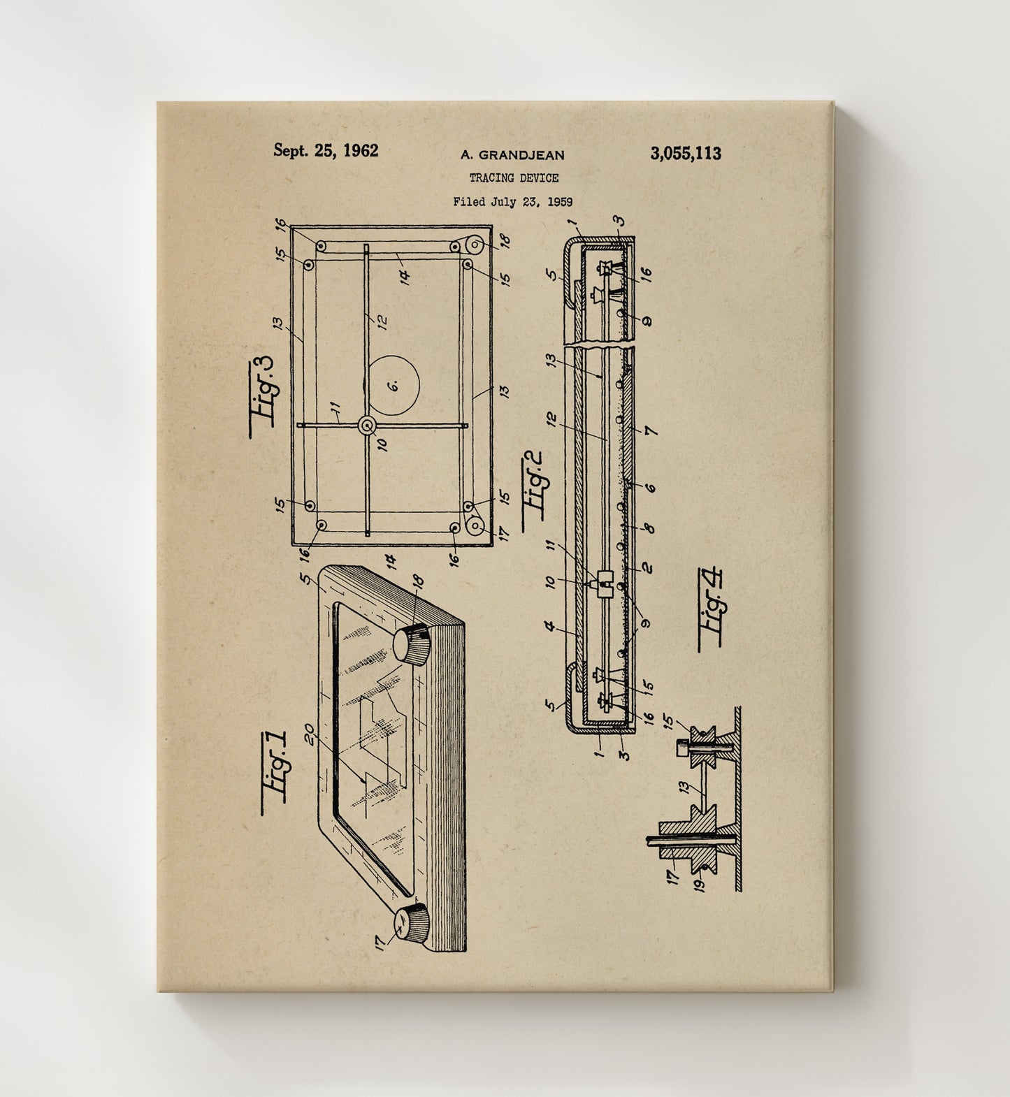 Patent Print - Tracing Device - A Grandjean - 1962 - Patent 3055113 Patent Wall Art
