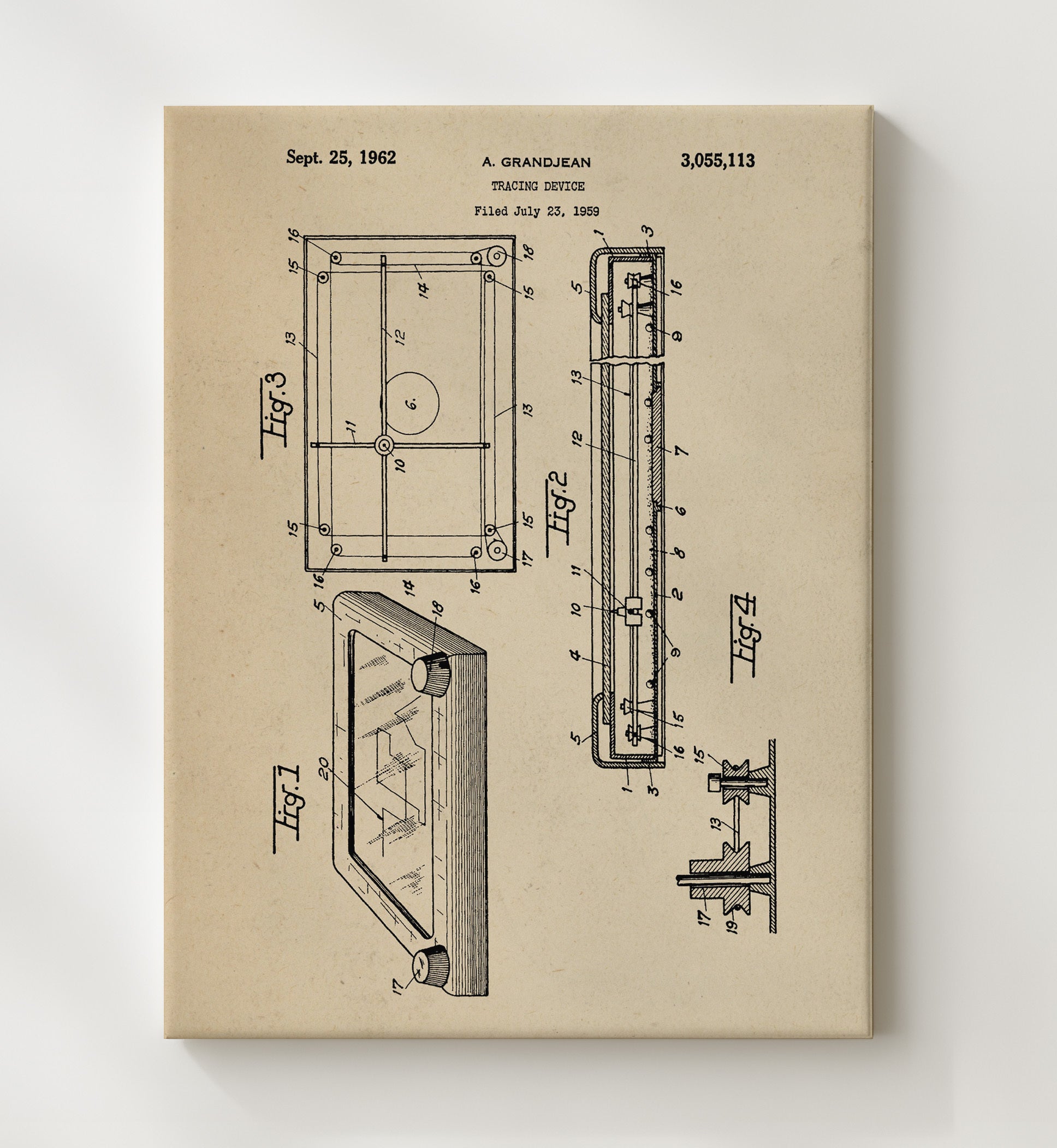 Patent Print - Tracing Device - A Grandjean - 1962 - Patent 3055113 Patent Wall Art