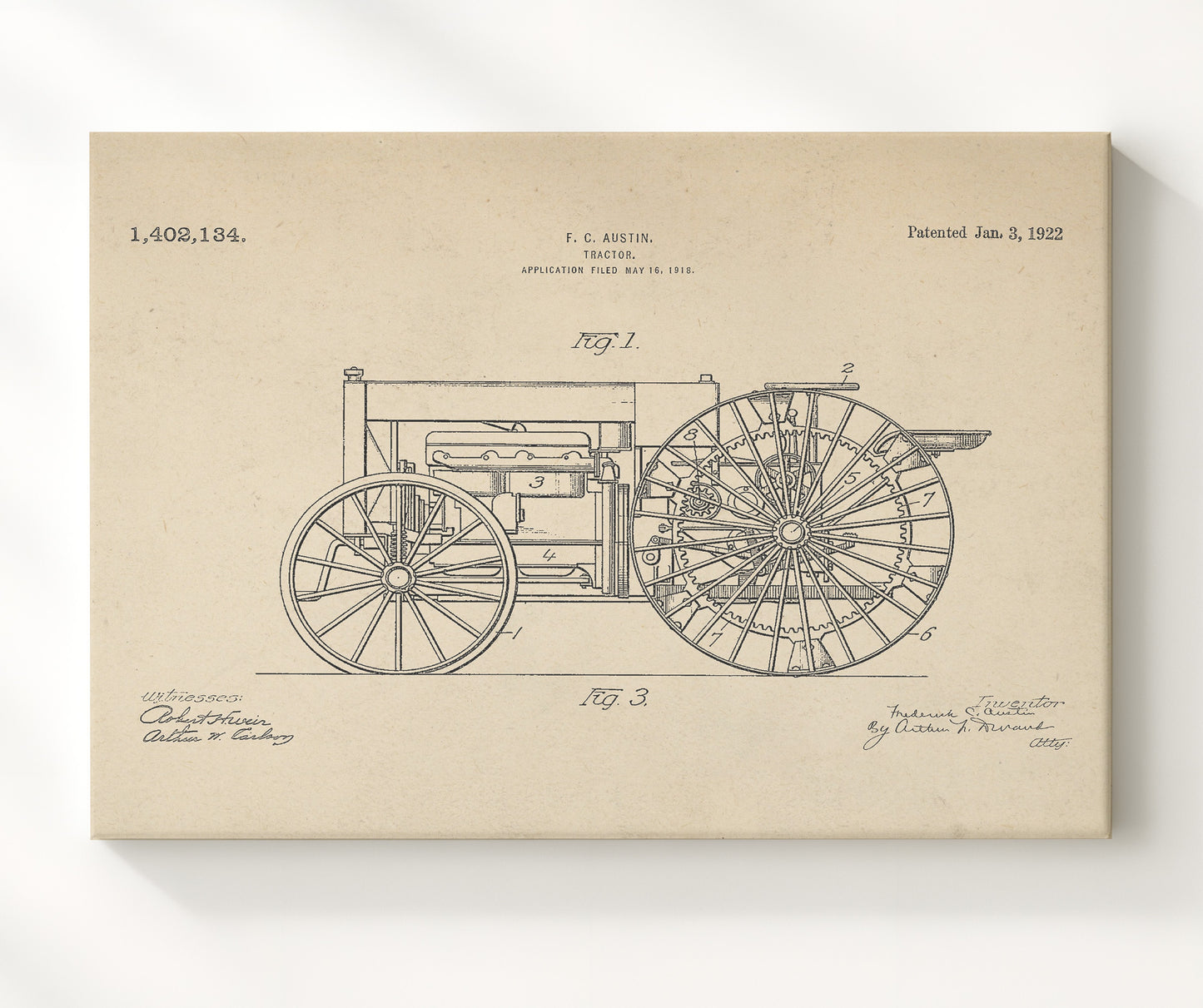 Patent Print - Tractor - Frederick C Austin - 1922 - Patent 1402134 - Landscape Patent Wall Art