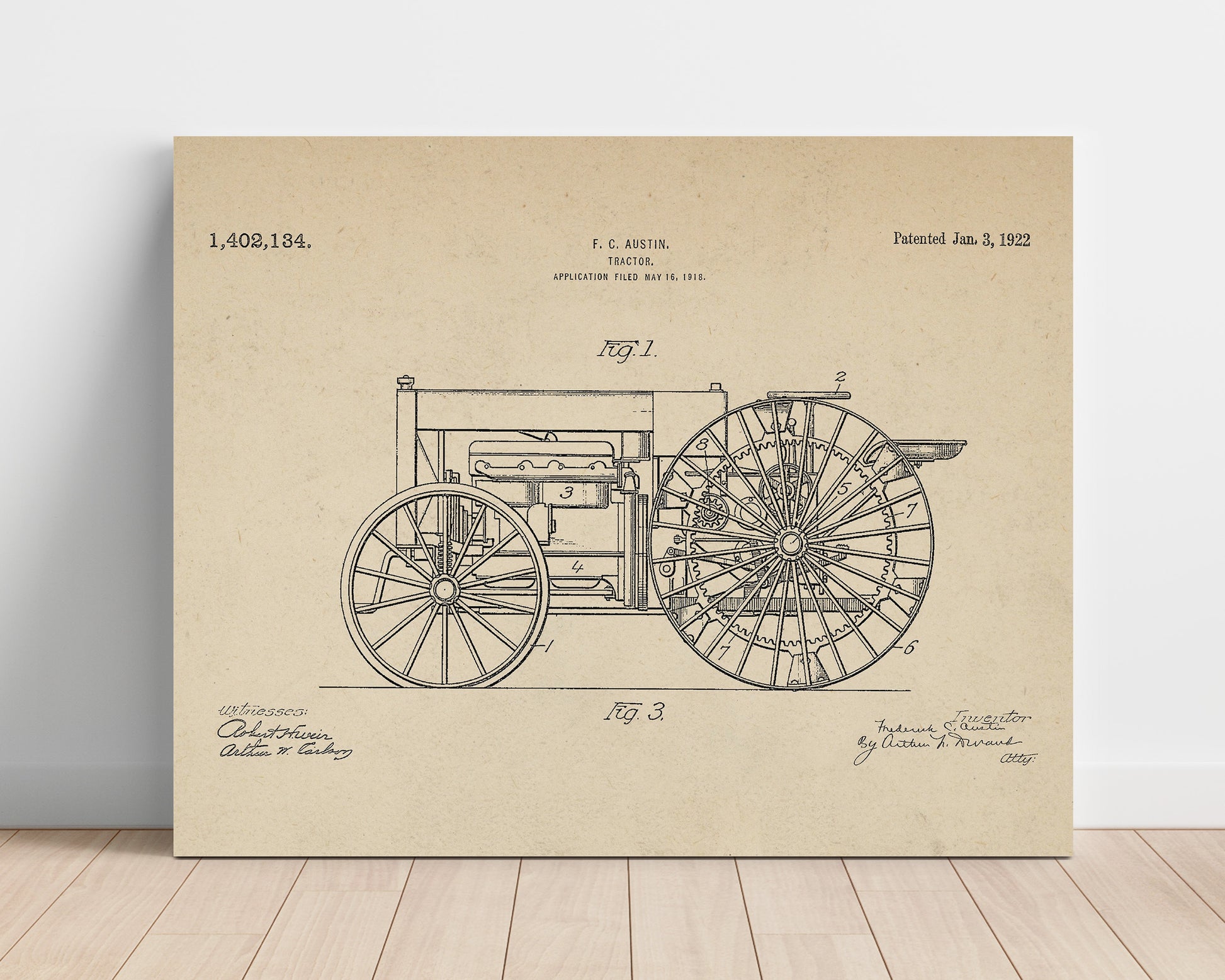 Patent Print - Tractor - Frederick C Austin - 1922 - Patent 1402134 - Landscape Patent Wall Art