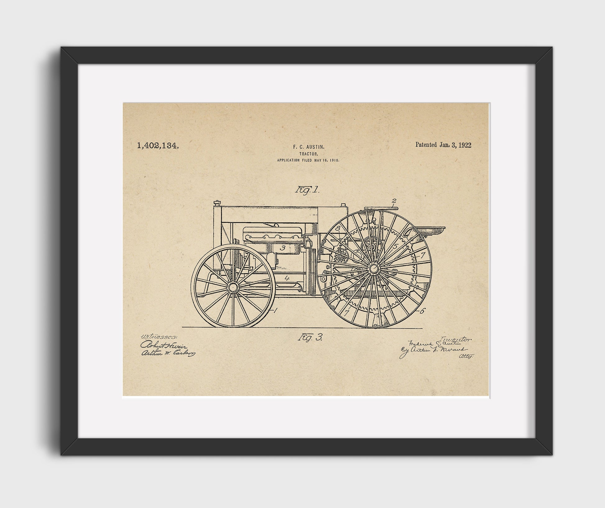 Patent Print - Tractor - Frederick C Austin - 1922 - Patent 1402134 - Landscape Patent Wall Art