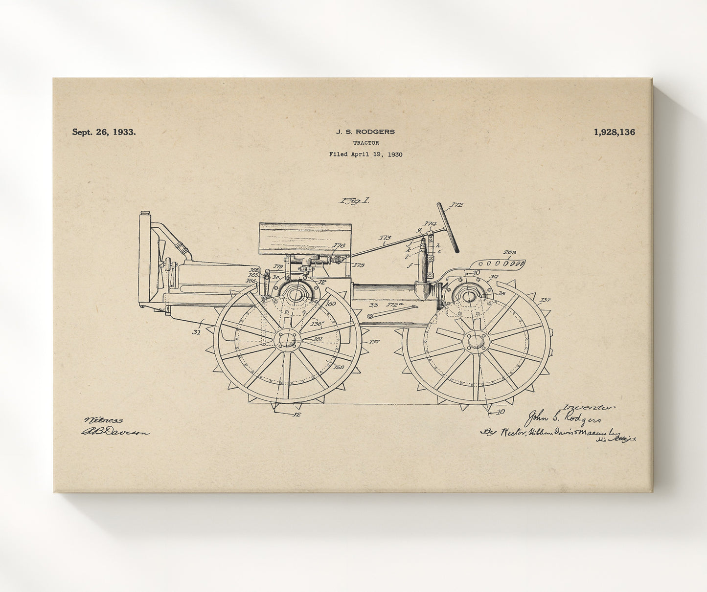 Patent Print - Tractor - John S Rodgers - 1933 - Patent 1928136 - Landscape Patent Wall Art