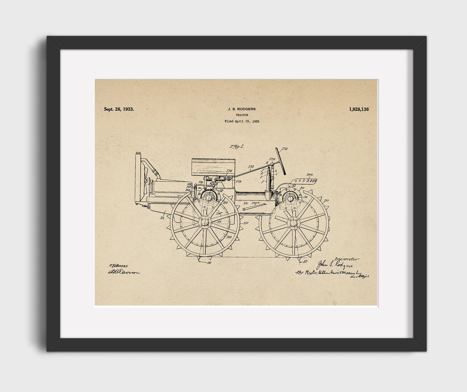 Patent Print - Tractor - John S Rodgers - 1933 - Patent 1928136 - Landscape Patent Wall Art