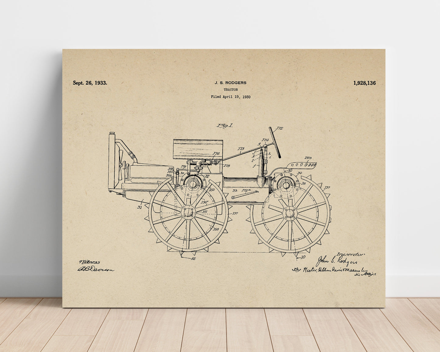 Patent Print - Tractor - John S Rodgers - 1933 - Patent 1928136 - Landscape Patent Wall Art