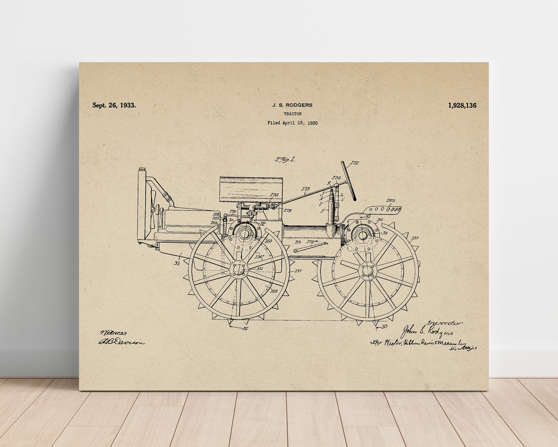 Patent Print - Tractor - John S Rodgers - 1933 - Patent 1928136 - Landscape Patent Wall Art