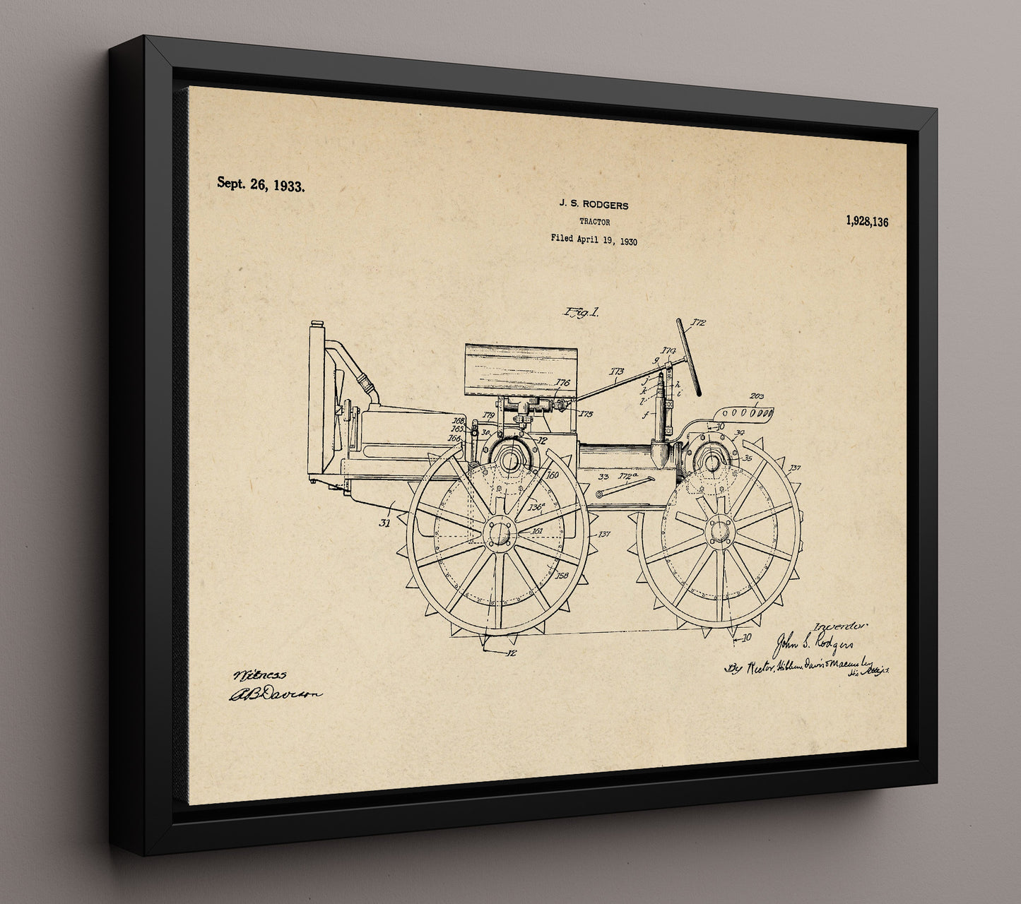 Patent Print - Tractor - John S Rodgers - 1933 - Patent 1928136 - Landscape Patent Wall Art