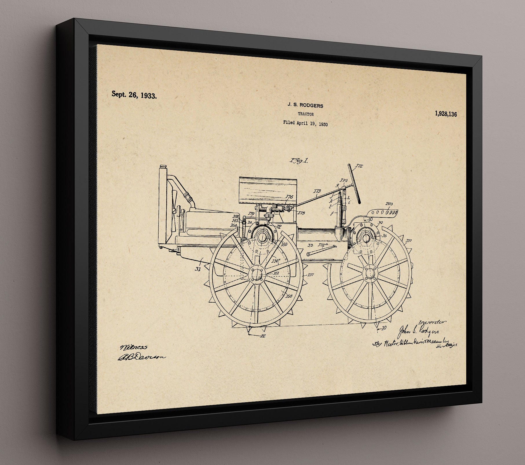 Patent Print - Tractor - John S Rodgers - 1933 - Patent 1928136 - Landscape Patent Wall Art