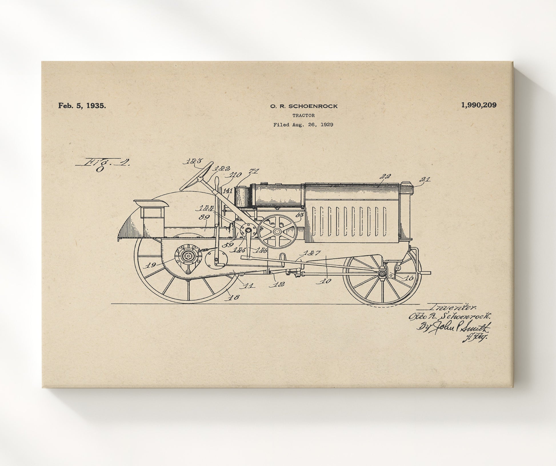 Patent Print - Tractor - Otto R Schoenrock - 1935 - Patent 1990209 - Landscape Patent Wall Art