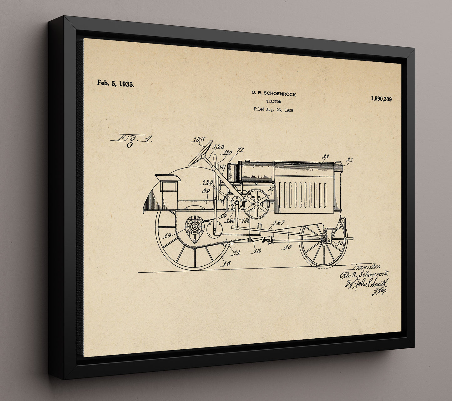 Patent Print - Tractor - Otto R Schoenrock - 1935 - Patent 1990209 - Landscape Patent Wall Art