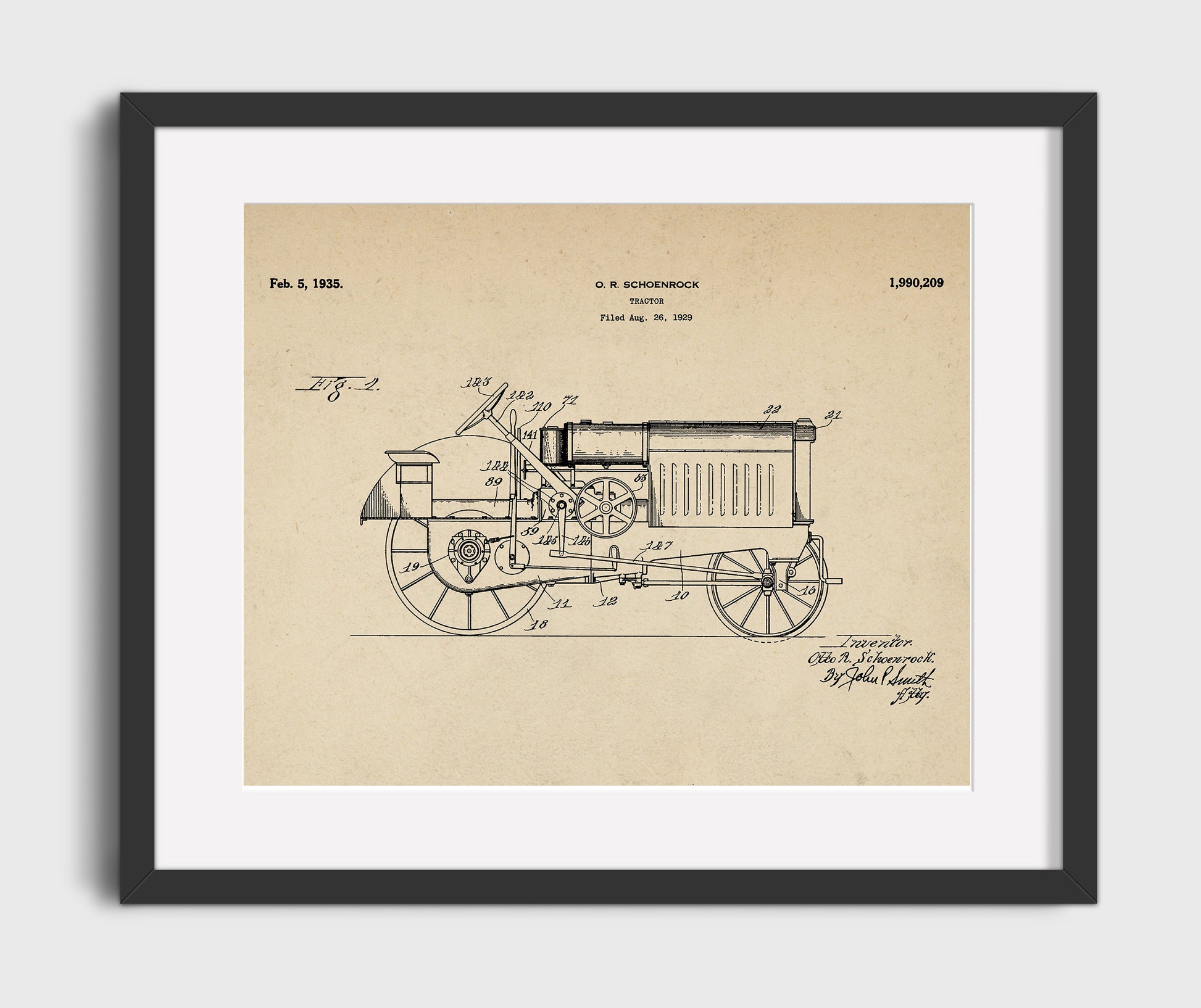 Patent Print - Tractor - Otto R Schoenrock - 1935 - Patent 1990209 - Landscape Patent Wall Art