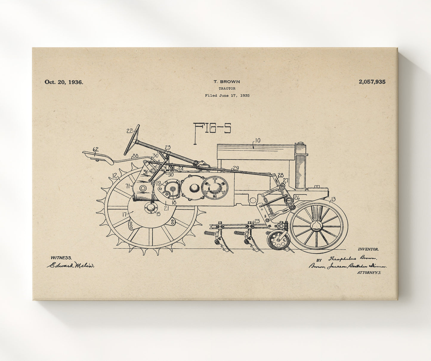 Patent Print - Tractor - Theophilus Brown - 1936 - Patent 2057935 - Landscape Patent Wall Art