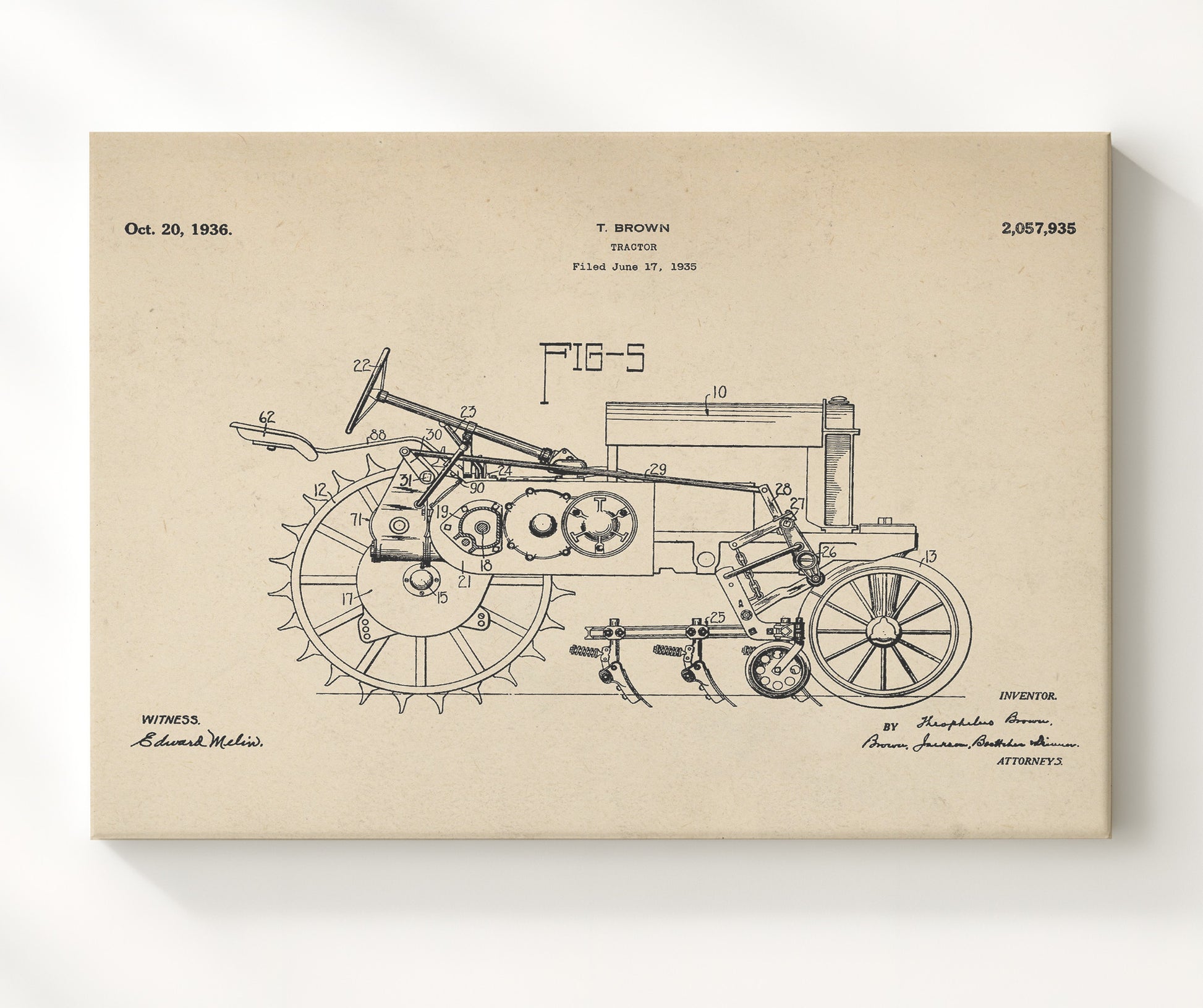 Patent Print - Tractor - Theophilus Brown - 1936 - Patent 2057935 - Landscape Patent Wall Art