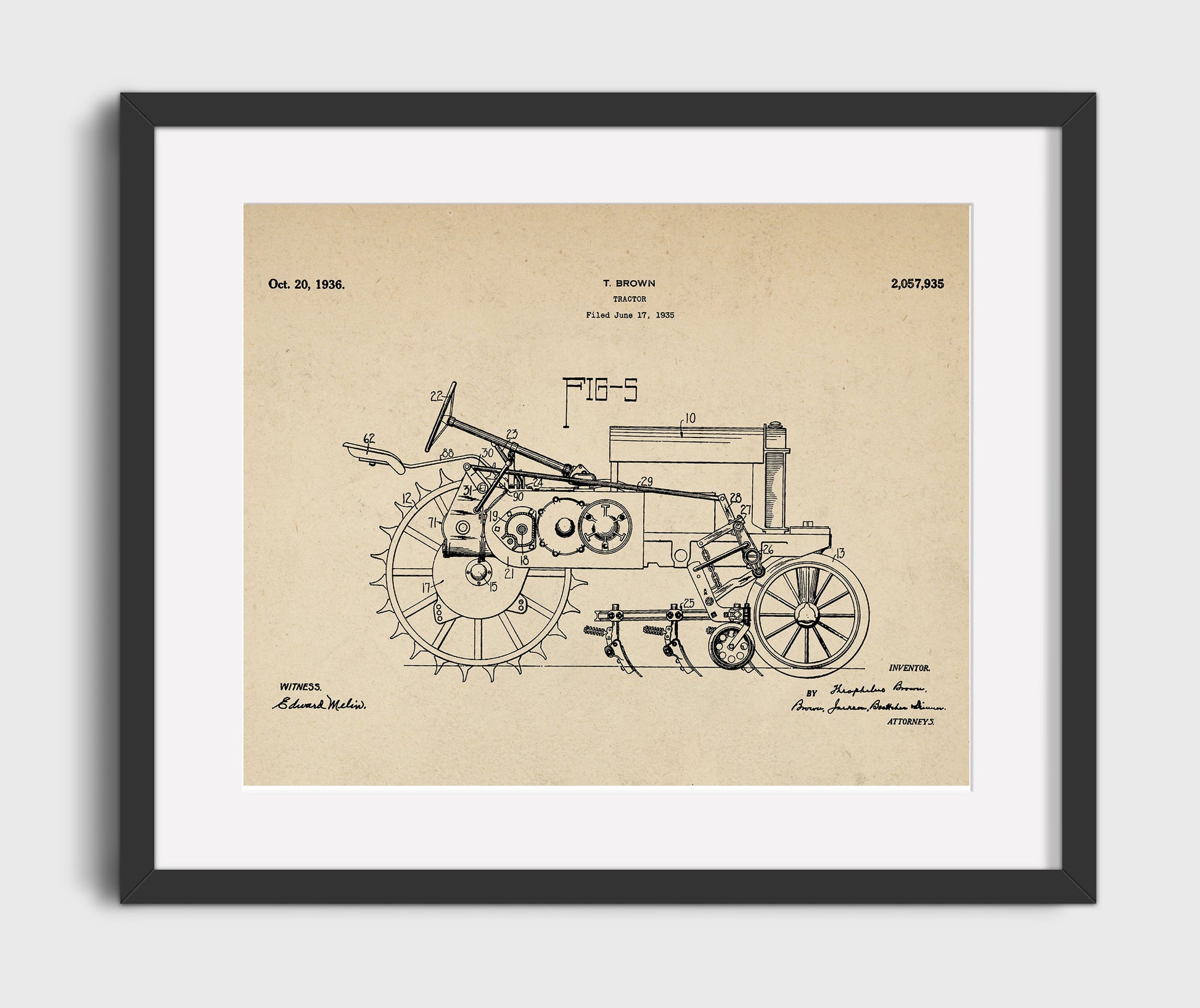 Patent Print - Tractor - Theophilus Brown - 1936 - Patent 2057935 - Landscape Patent Wall Art