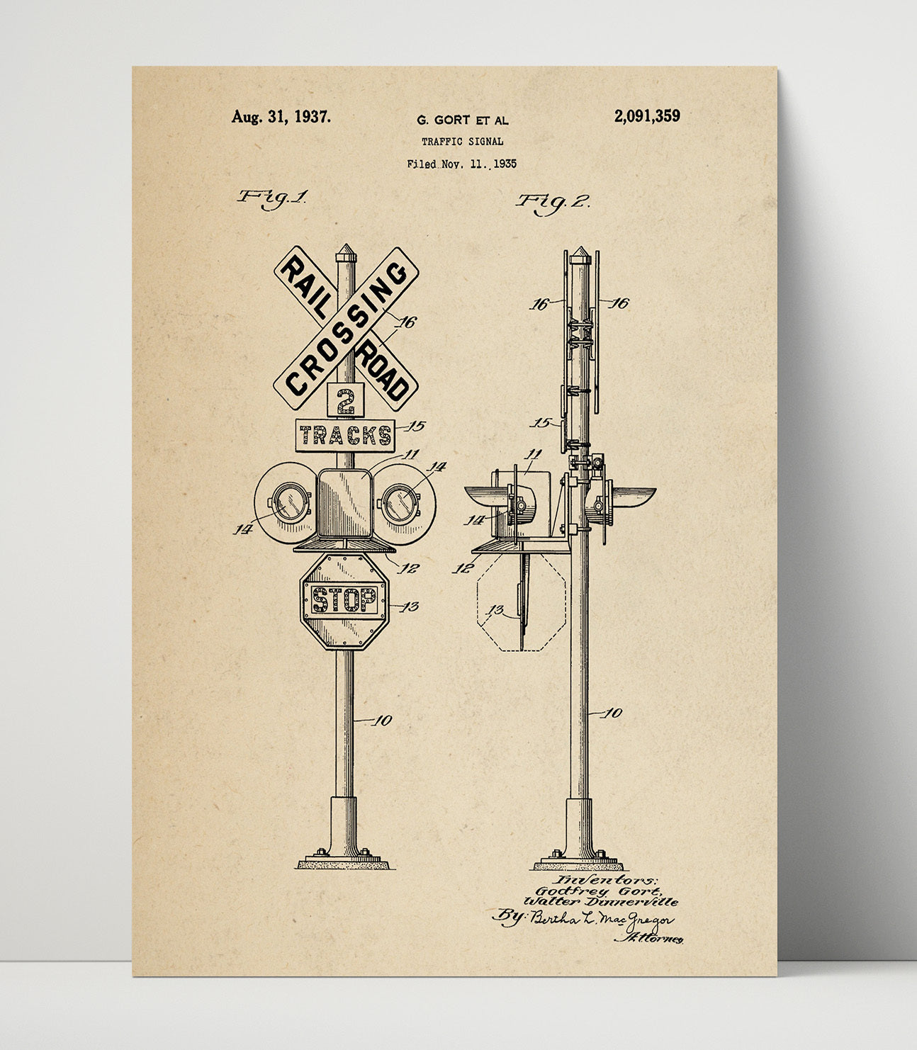 Patent Print - Traffic Signal - G Gort Et Al - 1937 - Patent 2091359 Patent Wall Art
