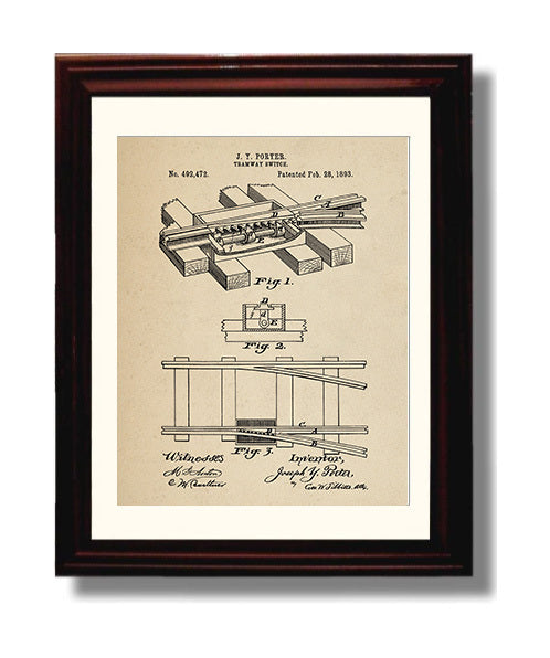 Patent Print - Tramway Switch - Joseph Y Porter - 1893 - Patent 492472 Patent Wall Art
