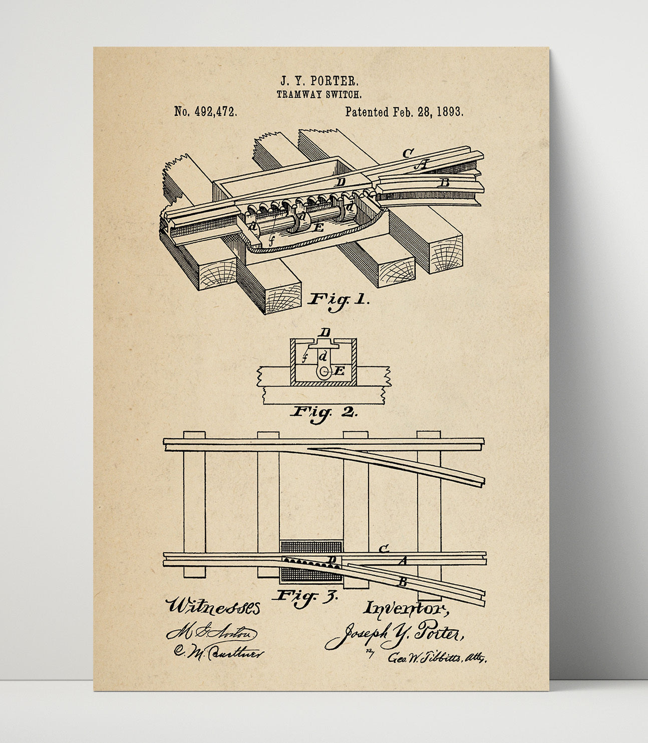 Patent Print - Tramway Switch - Joseph Y Porter - 1893 - Patent 492472 Patent Wall Art