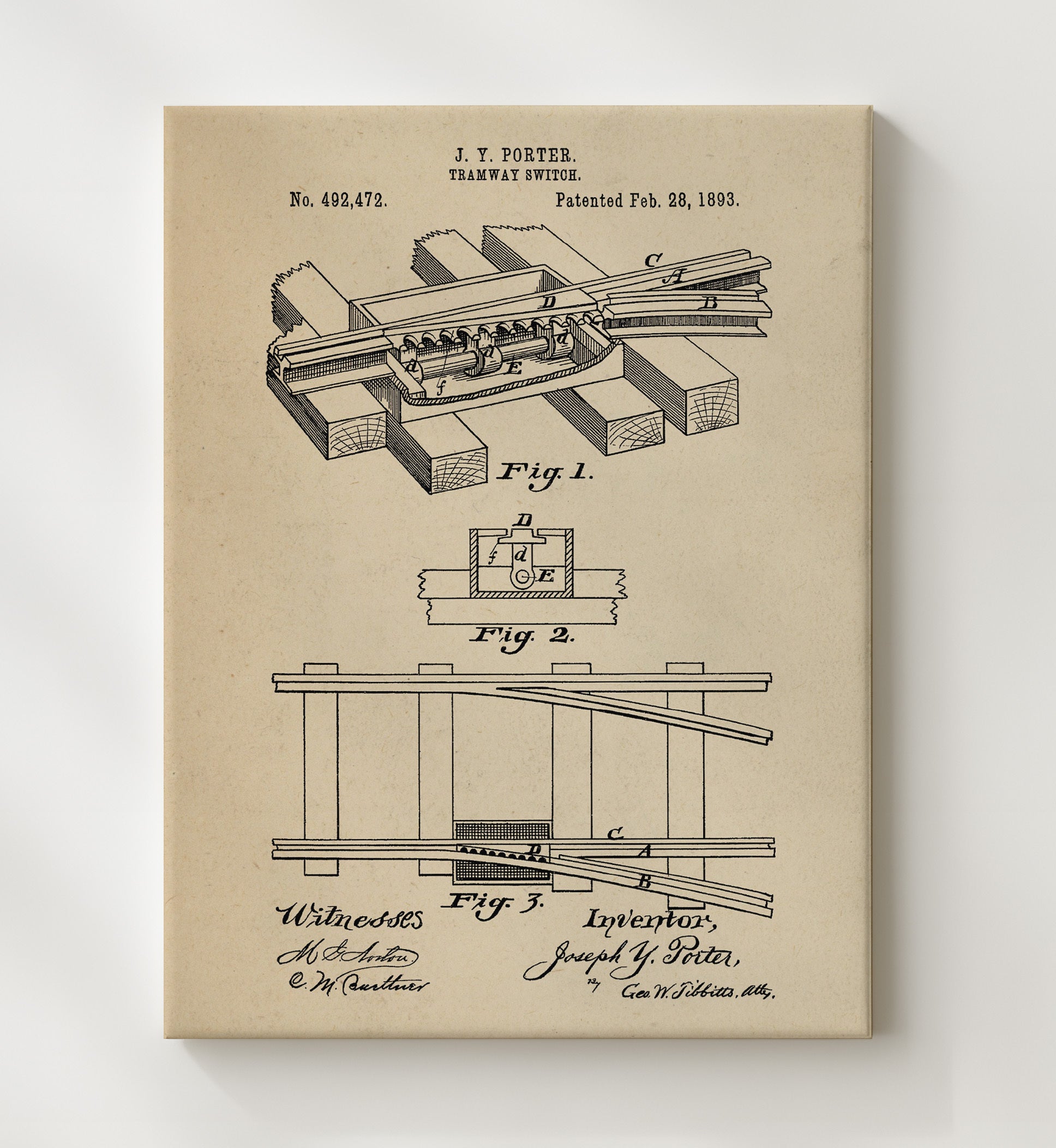 Patent Print - Tramway Switch - Joseph Y Porter - 1893 - Patent 492472 Patent Wall Art