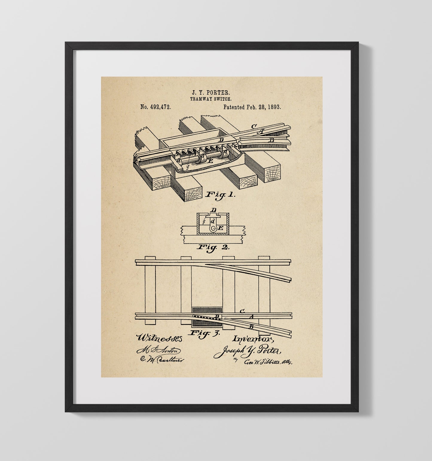 Patent Print - Tramway Switch - Joseph Y Porter - 1893 - Patent 492472 Patent Wall Art