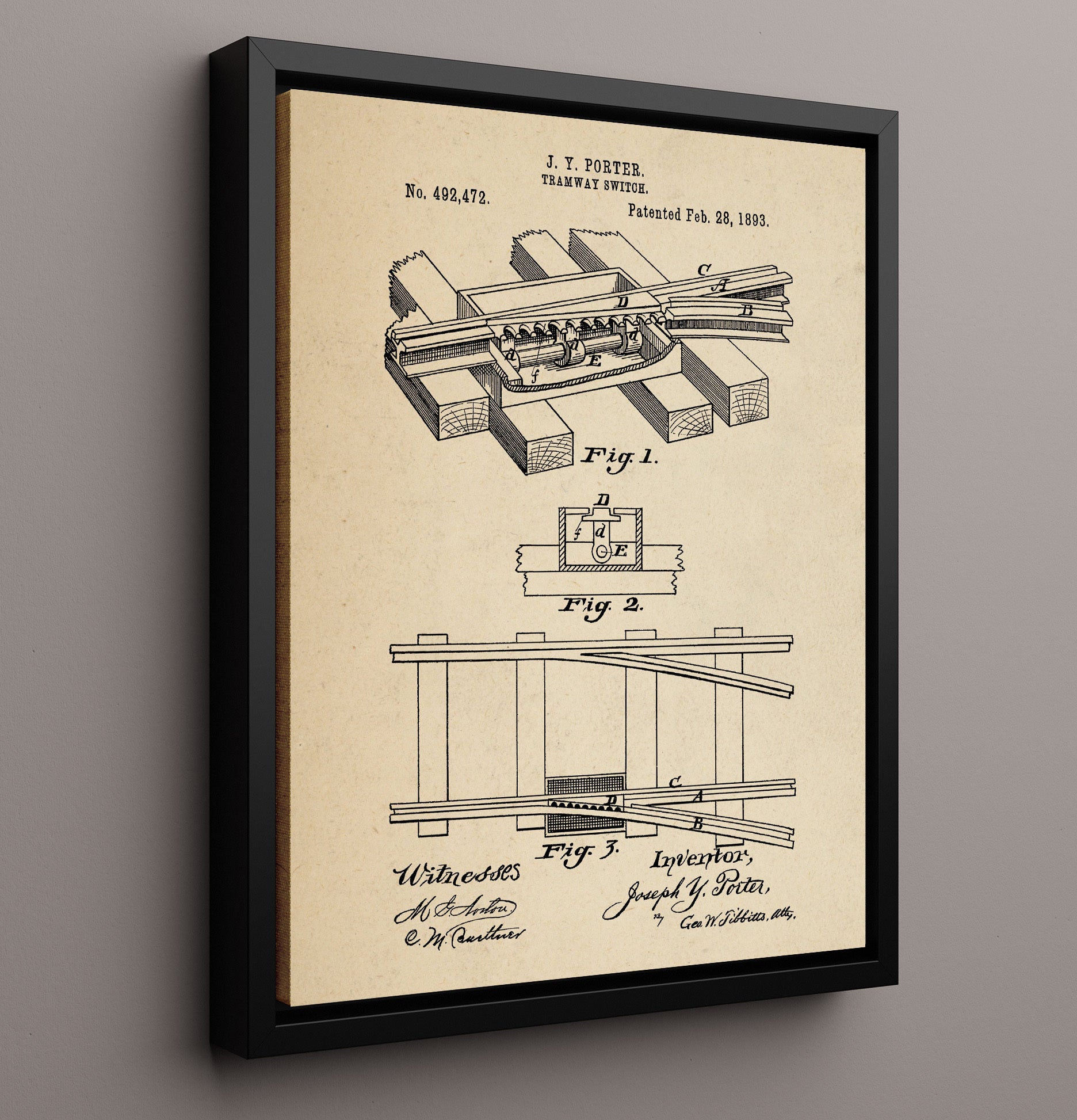 Patent Print - Tramway Switch - Joseph Y Porter - 1893 - Patent 492472 Patent Wall Art