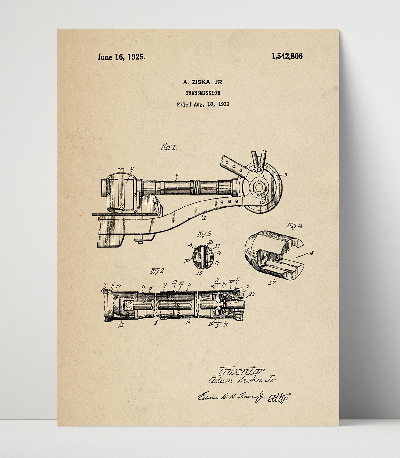Patent Print - Transmission - Adam Ziska Jr - 1925 - Patent 1542806 Patent Wall Art