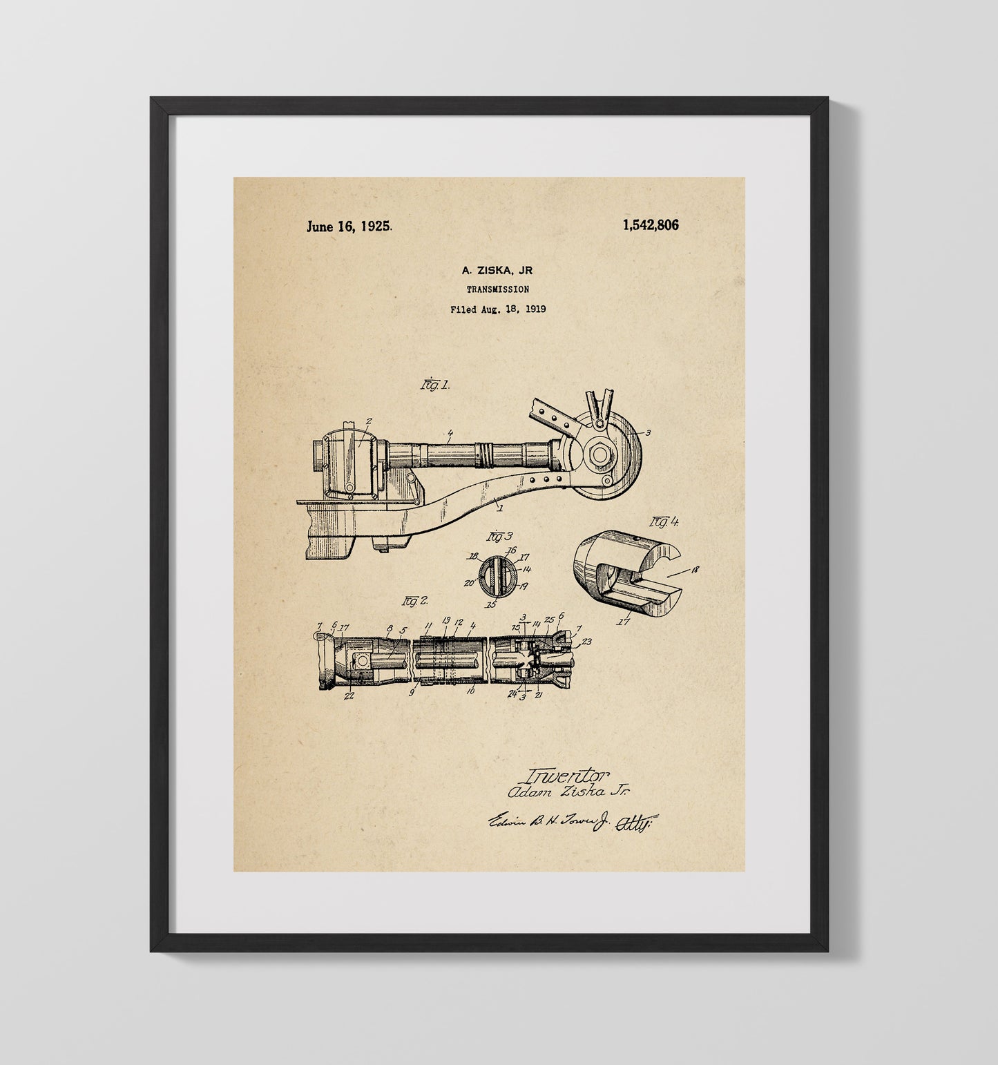 Patent Print - Transmission - Adam Ziska Jr - 1925 - Patent 1542806 Patent Wall Art