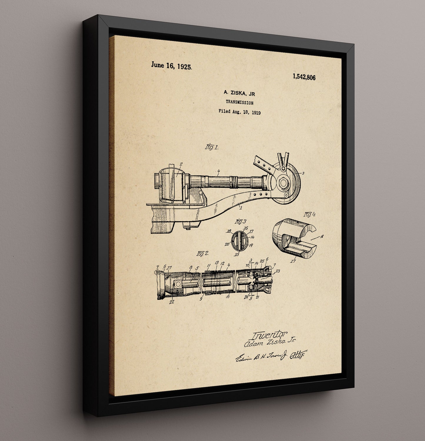 Patent Print - Transmission - Adam Ziska Jr - 1925 - Patent 1542806 Patent Wall Art